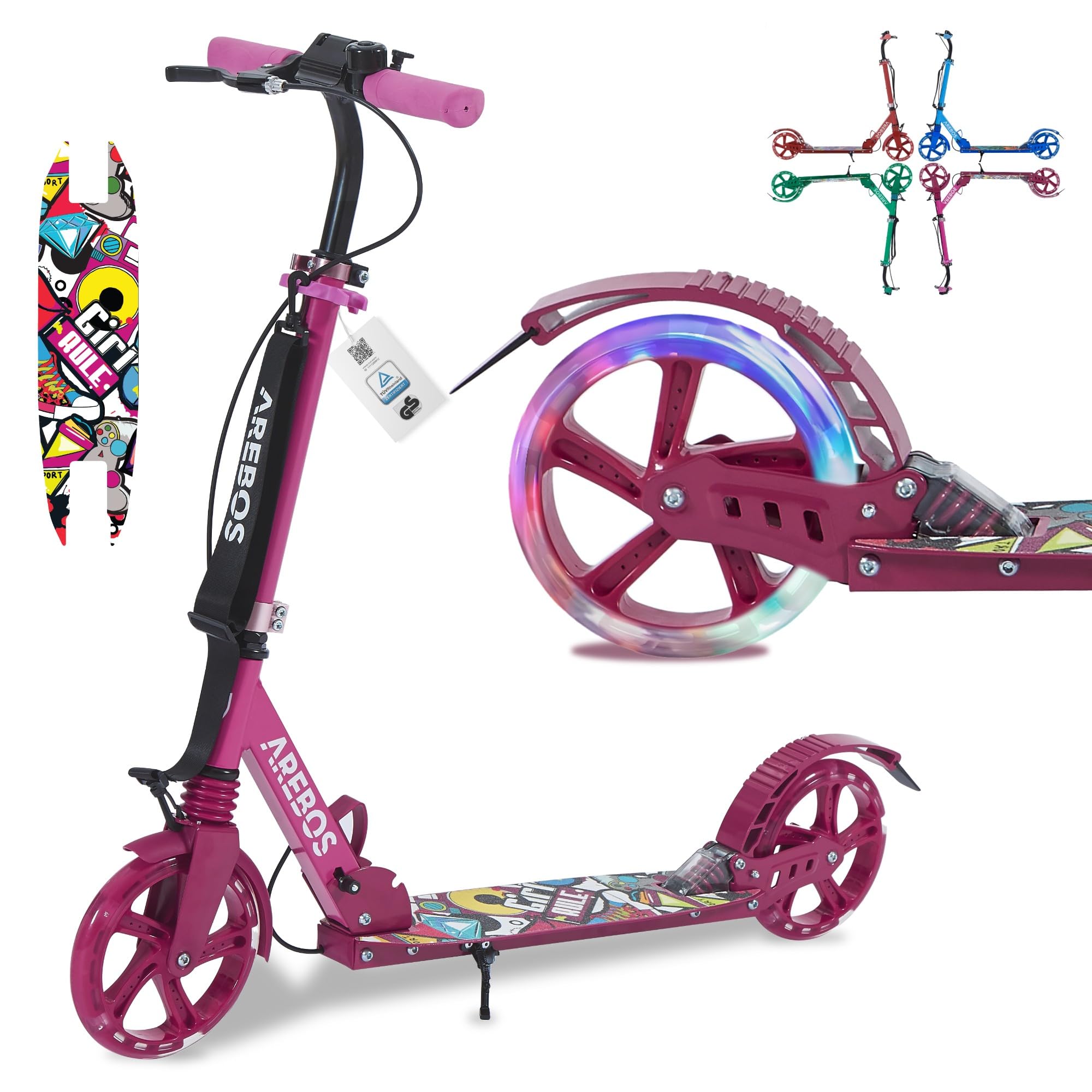Arebos City Scooter Patinete a Pedales Rosa Regulable en Altura | Plegable | Incl. Correa de Transporte | Ruedas LED | Freno de Pedal Manual | suspensión Delantera-Trasera | niños y Adultos