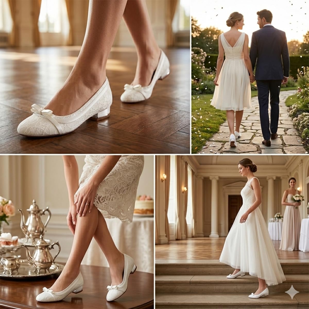 Ballerine in Pizzo Donna Eleganti Basse, Scarpe con Fiocco Delicato e Tacco Metallico, Scarpe da Cerimonia e Ufficio Comode per Matrimonio e Tempo Libero
