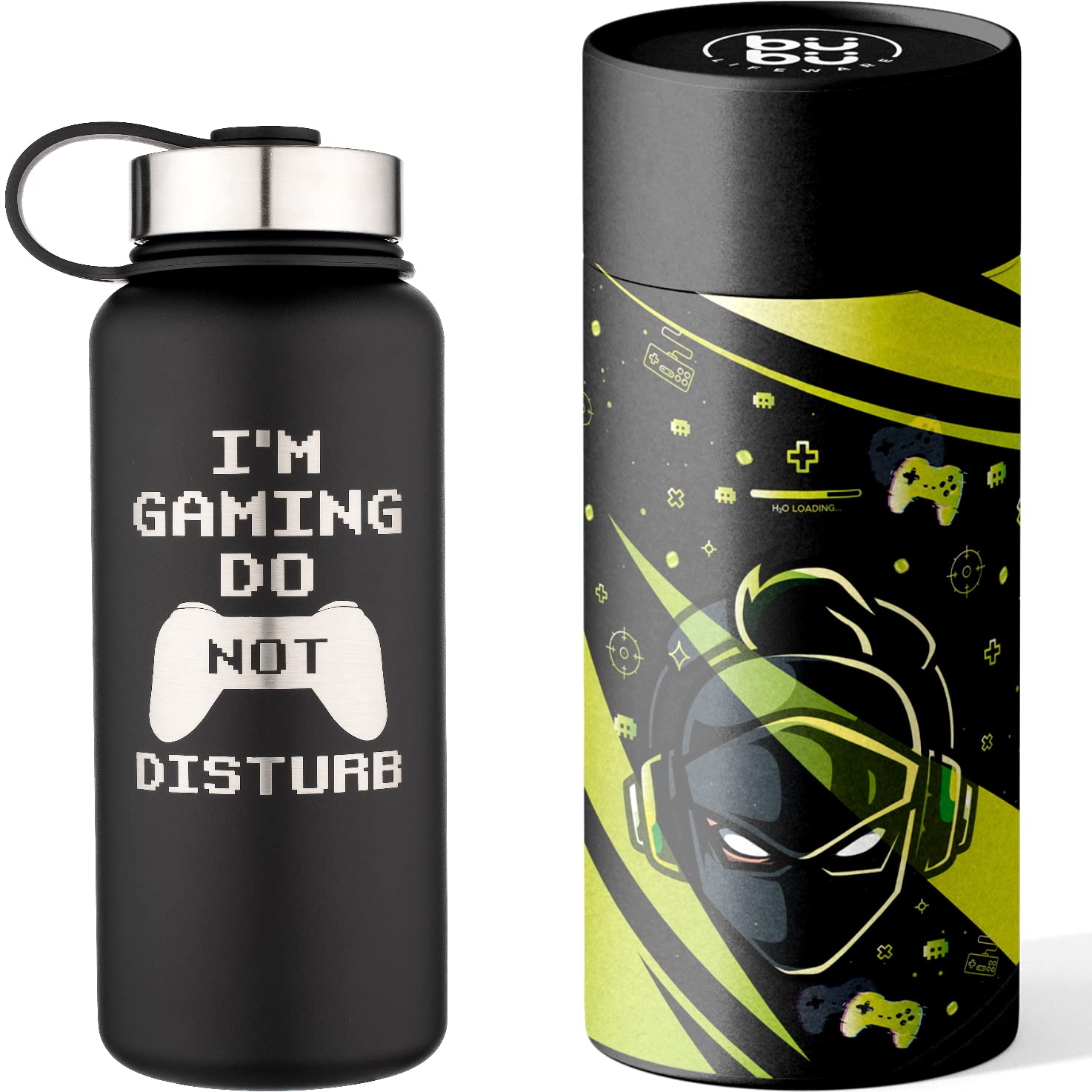 Insulated Gamer Water Bottle, 32oz, Flip Straw with Carry Loop, Stainless Steel