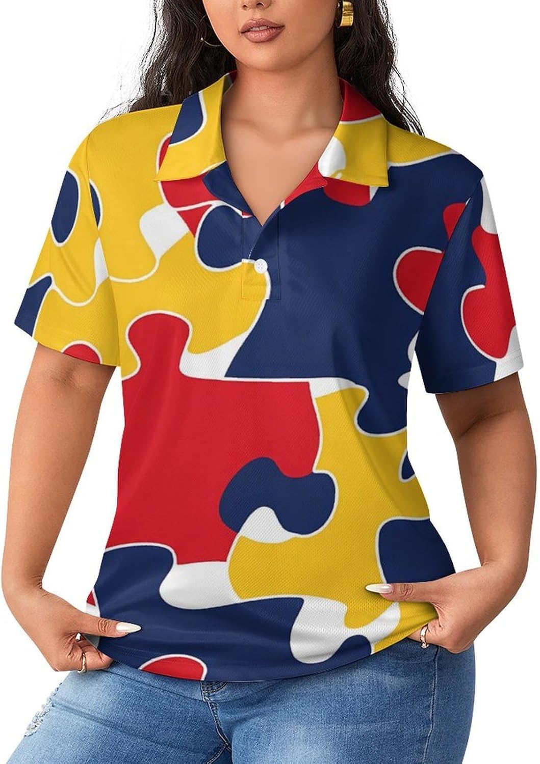 Autism Awareness Puzzle Womens Golf Polo Shirts Summer Short Sleeve Collared 3 Buttons T Shirt Activewear Tops