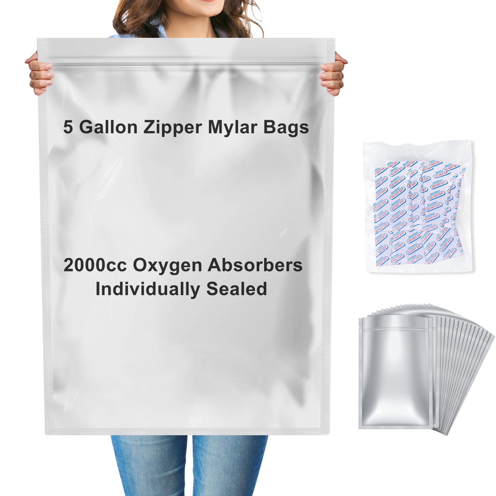 15 Pack 5 Gallon Mylar Bags (9.4 Mil) and 15x 2000cc Oxygen Absorbers, Vacuum Resealable Ziplock Mylar Aluminum Foil Bags, Oxygen Absorbers Packets for Long Term Food Storage