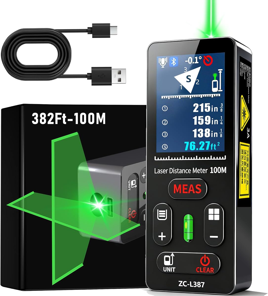 ZC-L387 Laser Distance Measuring Tool,328FT Dual Green Laser Measure | 4 Units,USB-C Rechargeable,2" Backlit LCD,2 Reference Points for Contractor,Homeowner to Calculate Area/Volume for Renovation