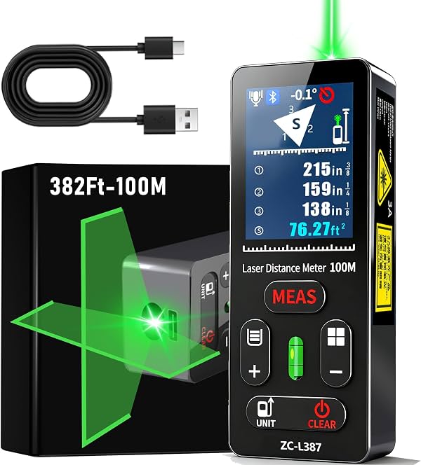 Herramienta de medición láser ZC-L387, Medidor láser verde dual de 328 pies | 4 unidades, recargable por USB-C, pantalla LCD retroiluminada de 2 pulgadas, 2 puntos de referencia para contratistas y propietarios para calcular área/volumen en renovaciones