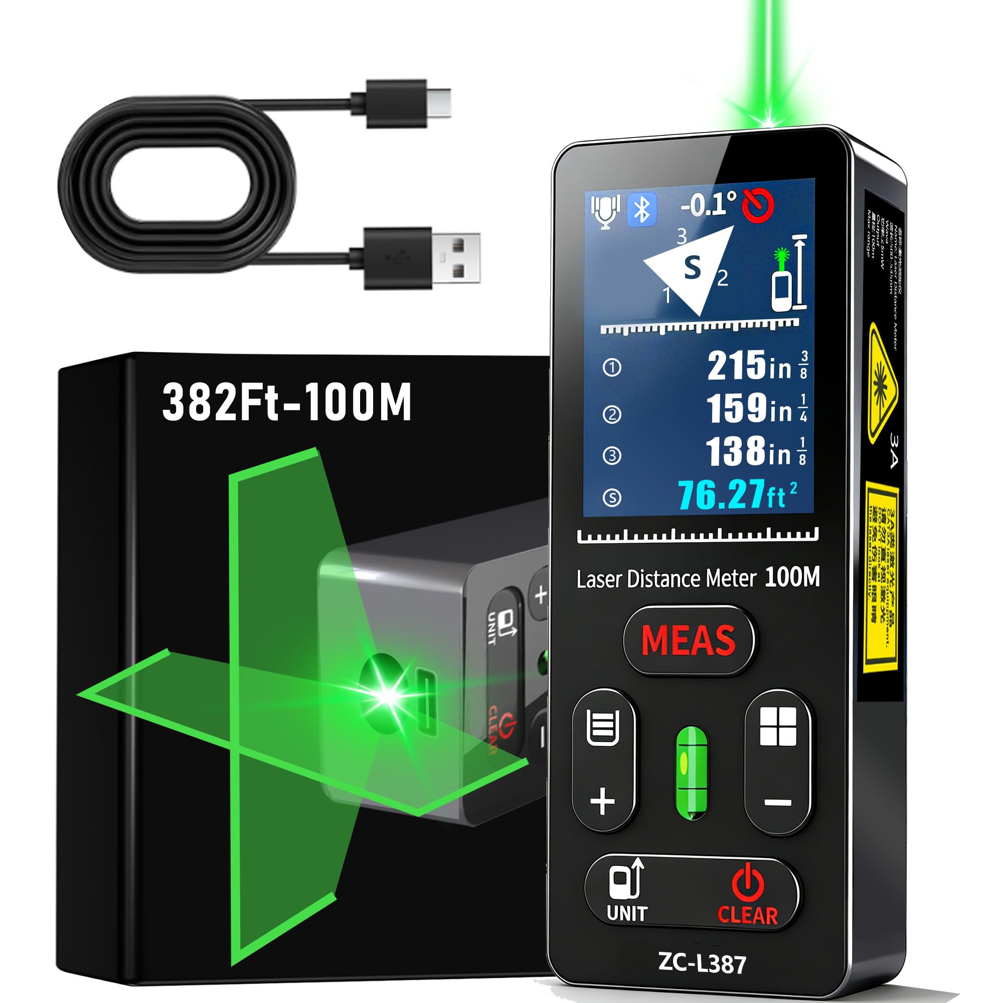 Medidor láser digital de distancia Longitud de onda: 500-535 nm, potencia: <5 mW, rango: 100 m, clase láser: IIIA