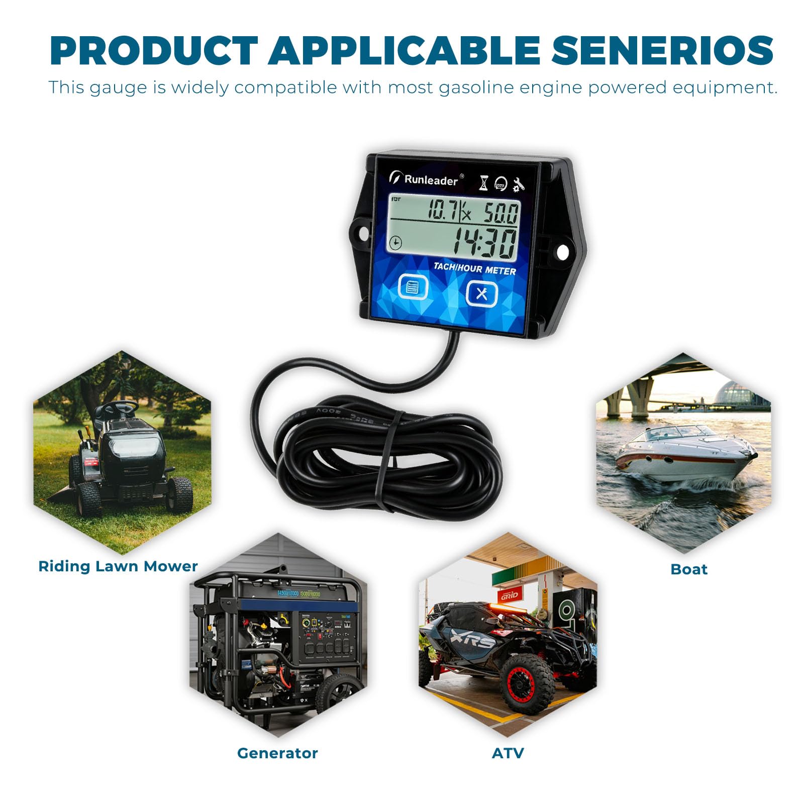 Runleader RL-HM011HB Reloj de Horas Digital con Alarma de Mantenimiento – Tacómetro IP65 para Motores de Gasolina, Cortacésped, ATV, Generador y Barco
