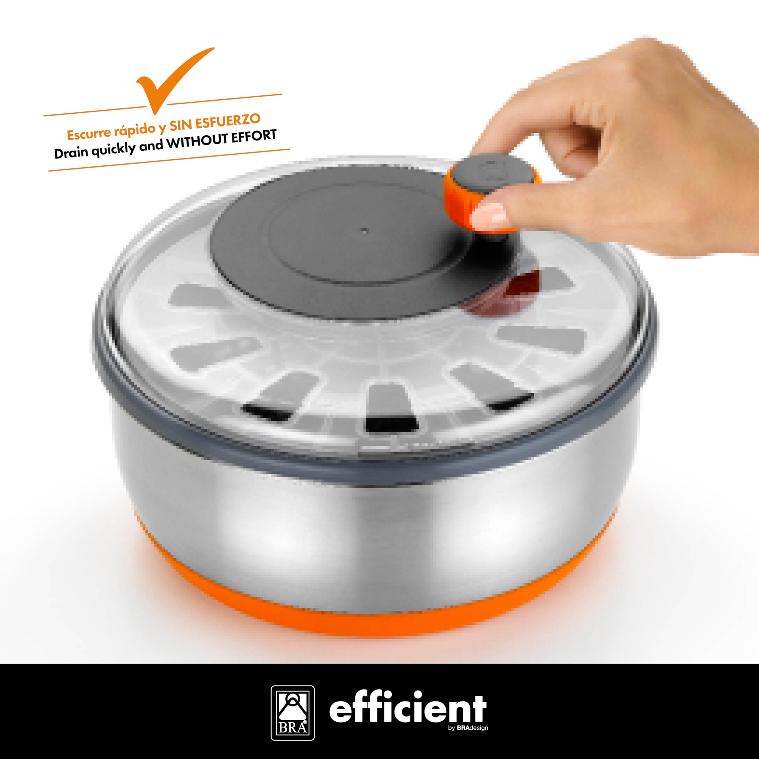BRA Efficient | Centrifugadora de ensalada, Acero Inoxidable 18/10 con base de Silicona Antideslizante, Capacidad 4 L, Apto como Bol para Servir