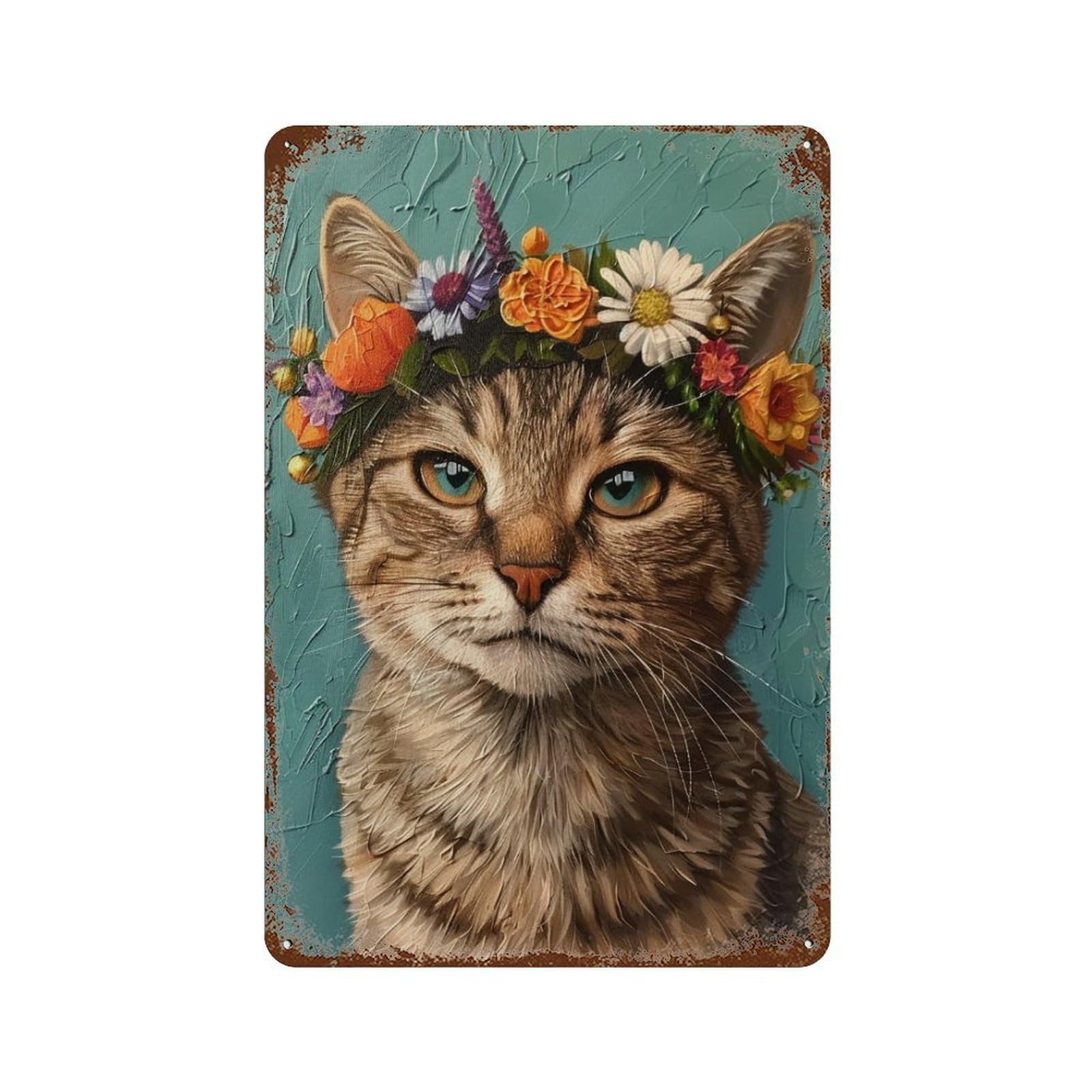 Floral Cat Crown Painting Weathered Tin Sign 11.8"x7.9", Farmhouse Wall Decor for Garage, Pub Or Kitchen