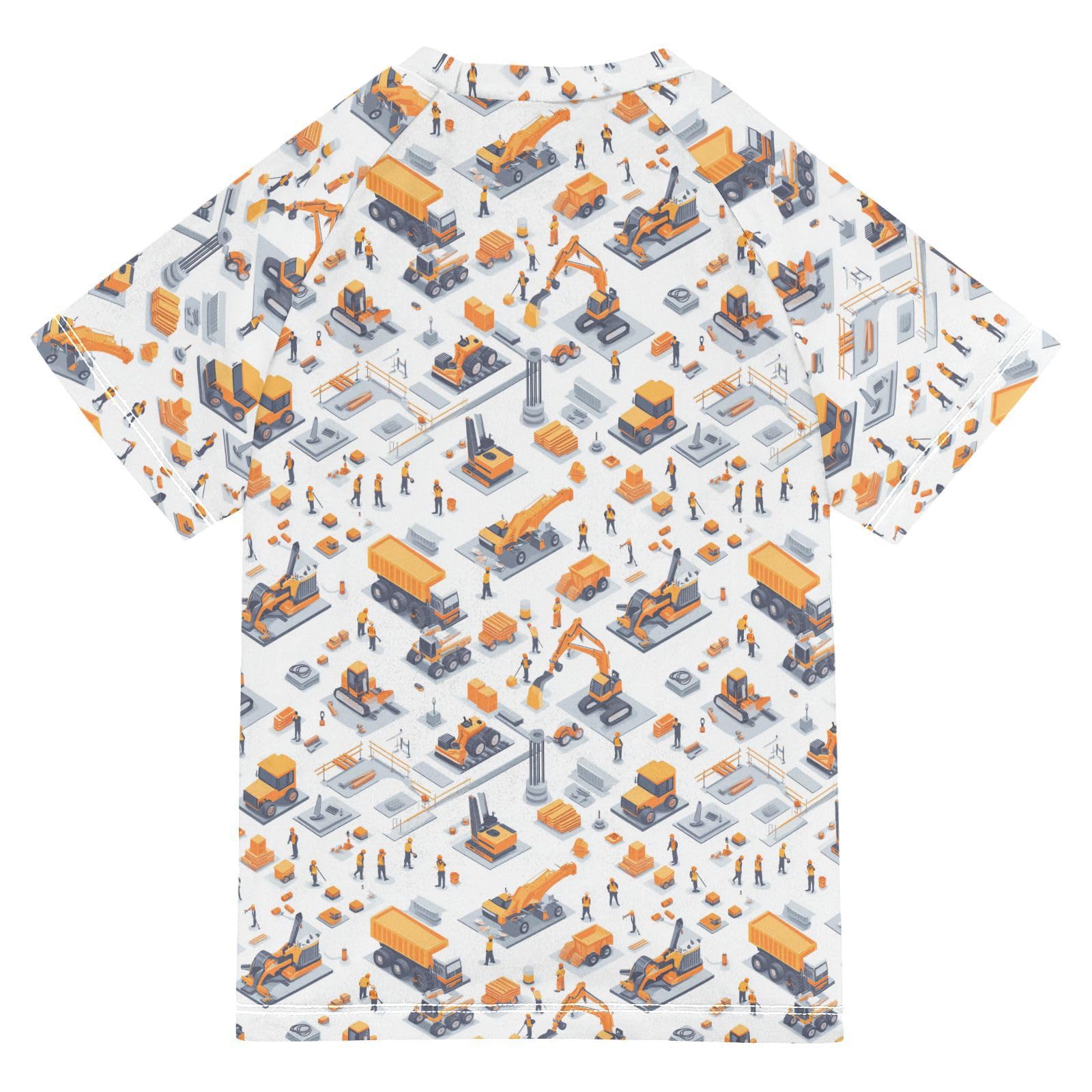 KLL Girl Bathing Suit Short Sleeve Girl Swim Rashguard 7T Construction Scene Build Schools Grader Excavator