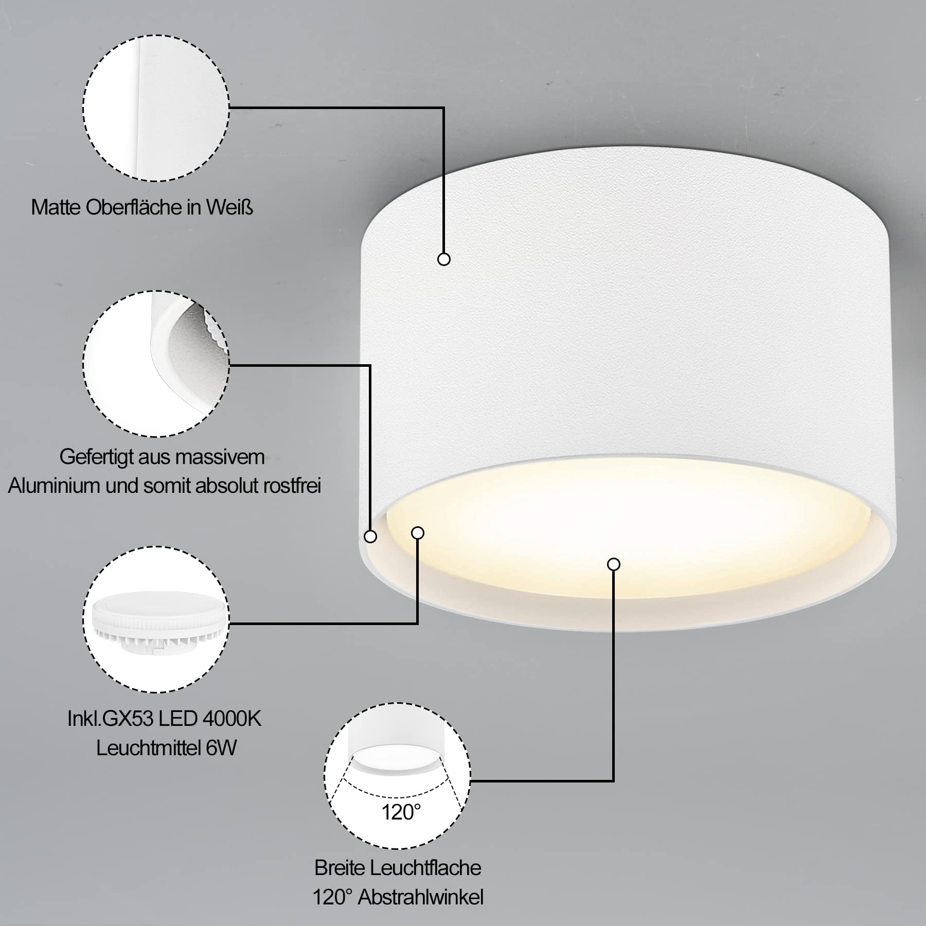 Białe okrągłe reflektory sufitowe LED GX53 6 W 230 V Lampa sufitowa Aluminium Neutralne białe 4000K Ø84x50mm Lampa sufitowa do salonu, łazienki, kuchni, sypialni, przedpokoju