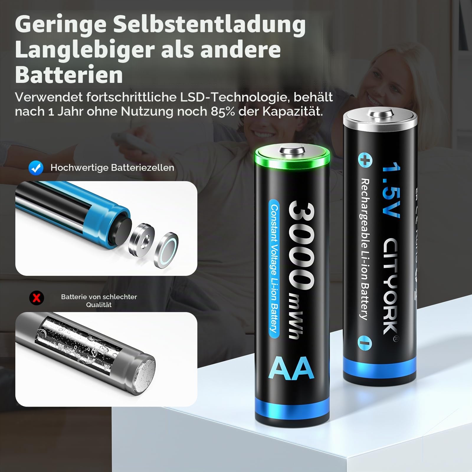 CITYORK AA Akku 3000mWh 12 Stück 1.5V Wiederaufladbare Lithium Batterien mit Akkuboxs Geringe Selbstentladung