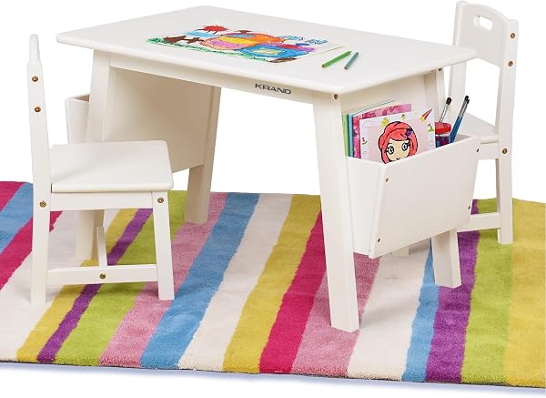 KRAND Children Solid Wood Table and 2 Chair Set with Built-in Storage Cases Storage Table and Chair Set for Kids