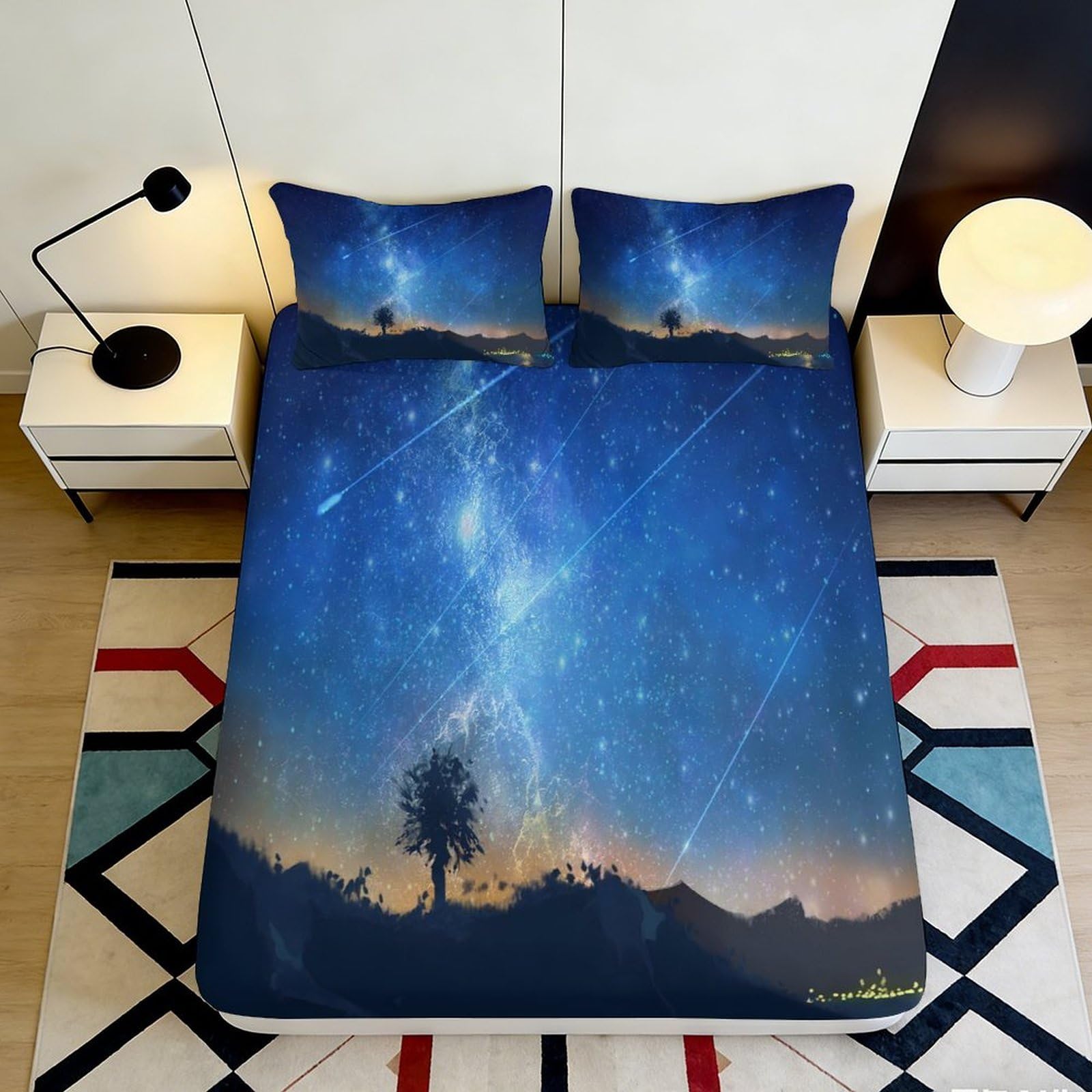 Starry Night Fitted Sheet 3D Printed Microfiber Soft Touch Blue Sky Design Mattress Cover for Bedroom Apartment Bedding, Wrinkle Resistant, Easy Care, 112 90x200x25cm