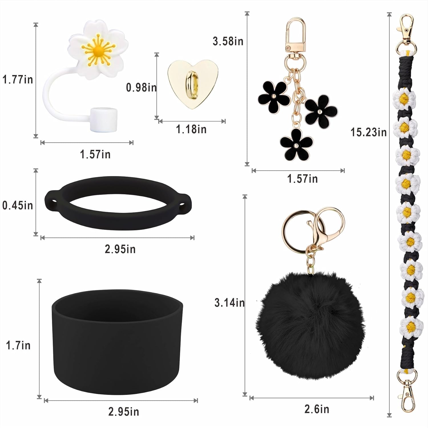 Accessories for Stanley Cup 40oz - Tumbler Strap, Silicone Cup Boot, Straw Cover, 2 Charms - Black