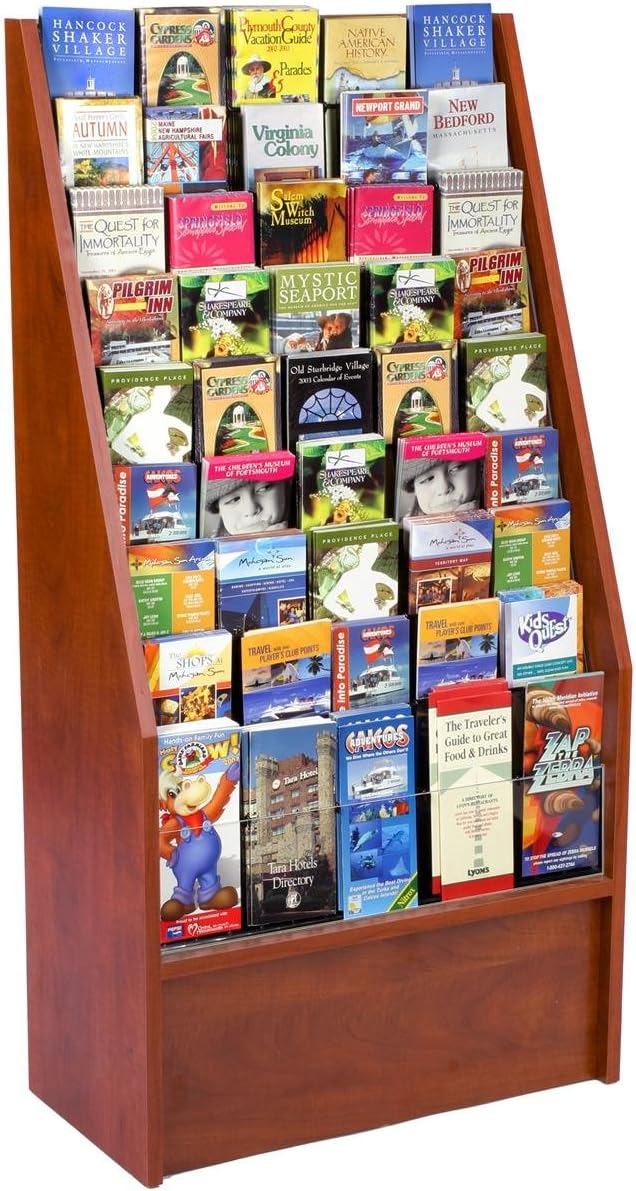 Displays2go 24 x 47 Inch Literature Racks with 45 Pockets, Tiered Design, Wire, Laminated Particle Board – Mahogany (BDI45RM)