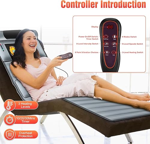 Miniatura 6 de Alfombrilla de masaje con calor, almohadilla de masaje de vibración de cuerpo completo con masajeador de cuello desmontable, almohada lumbar, 10