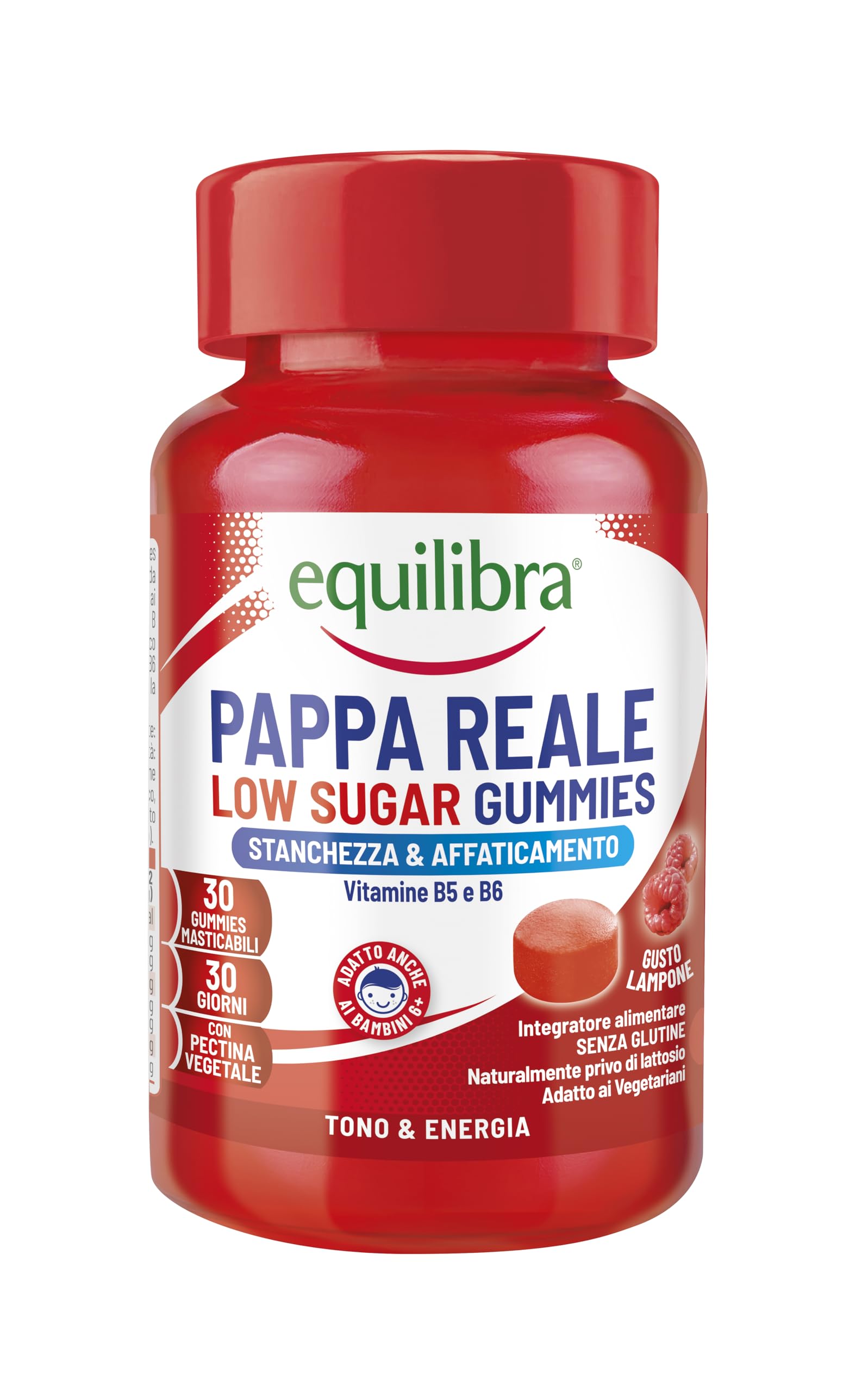 Equilibra, Pappa Reale in Gummies Low Sugar, per Vegetariani, Integratore Stanchezza, Energia e Sistema Immunitario, Pappa Reale Bambini 6+, a Base di Pectina, Senza Glutine, Gusto Lampone, 30 Gummies