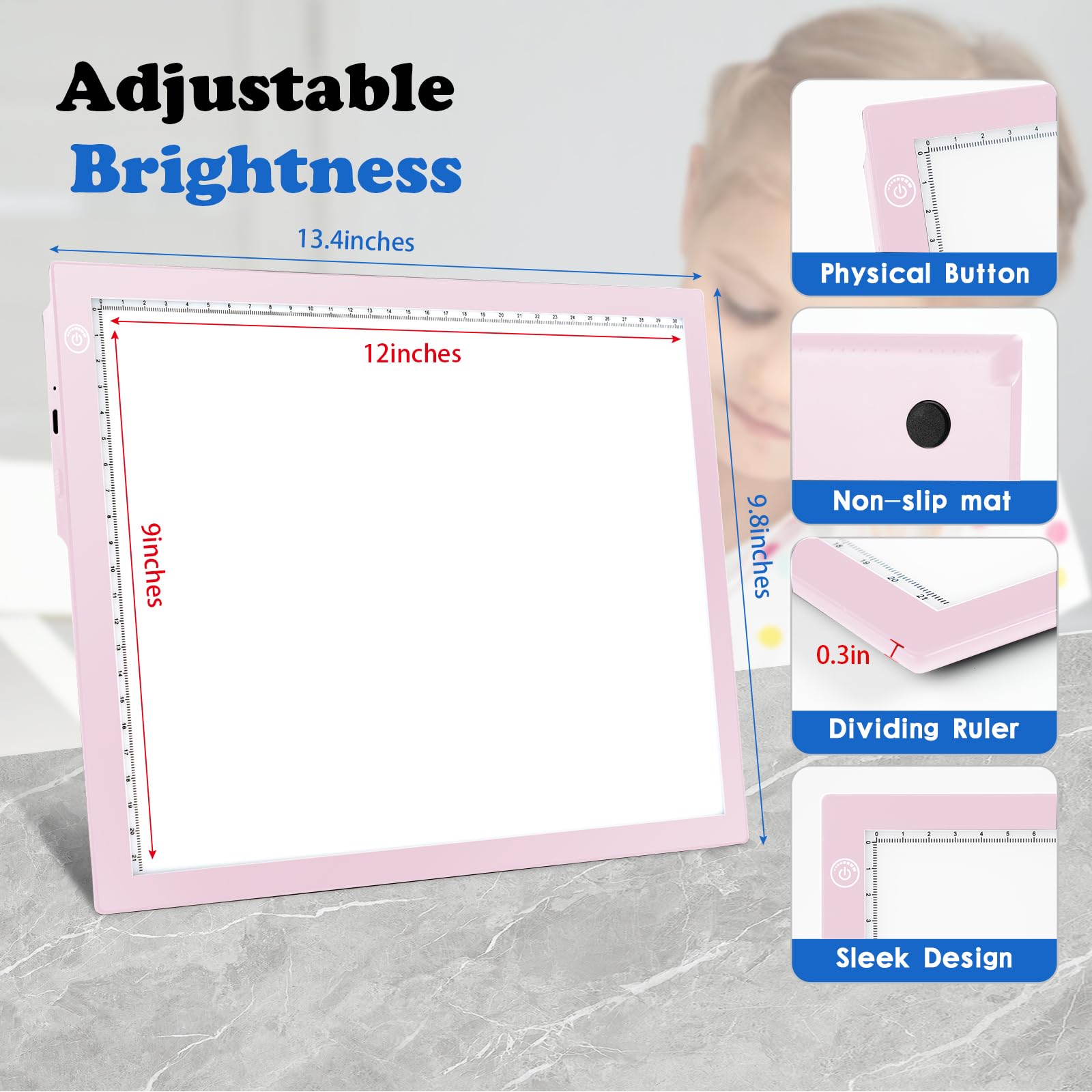 KIVOTAC Bloc lumineux rechargeable A4, boîte lumineuse LED portable ultra fine à intensité variable alimentée par piles pour le désherbage du vinyle, les croquis, le dessin, le traçage et l'art