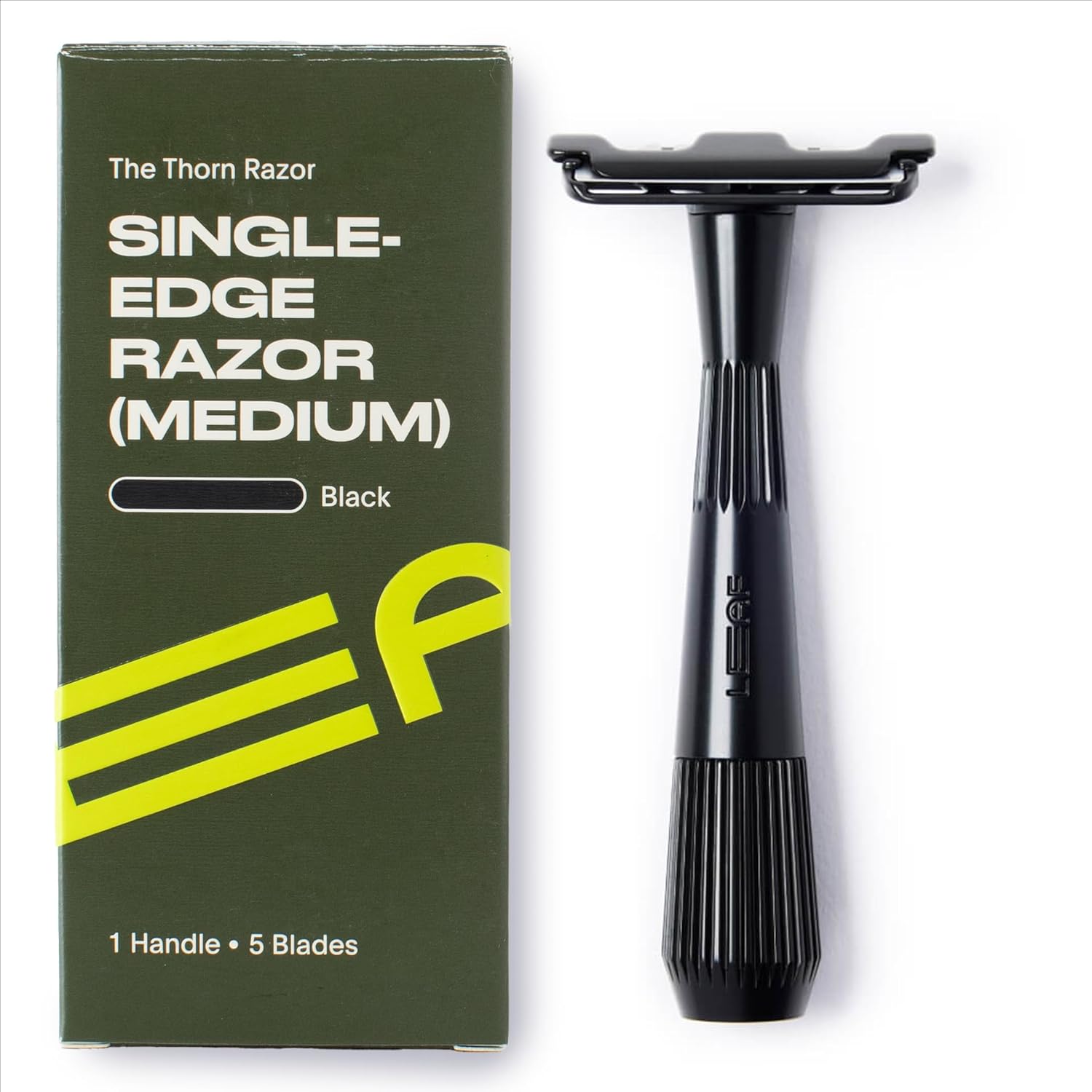 Leaf Thorn Razor by Leaf Shave, All-Metal Single Blade Razor for Men and Women, Fixed Head with Magnetic Load Assist, Includes 5 Stainless Steel Blades - Face Shaving and Coarser Hair - Black
