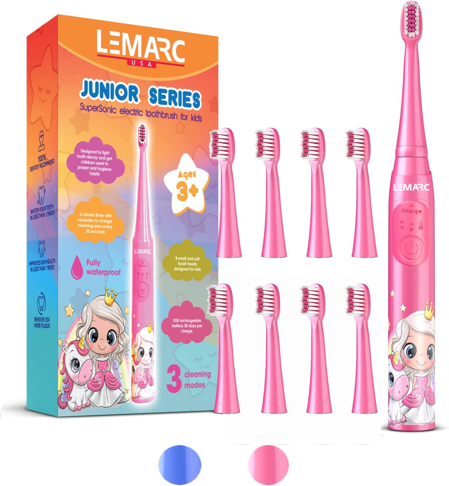 Supersonic Kids Electric Toothbrush 8 Dupont Brush Heads, USB Rechargeable, Vibration Speed Control Plus Massage Mode, 2 Min Timer, Waterproof, for Age 3+