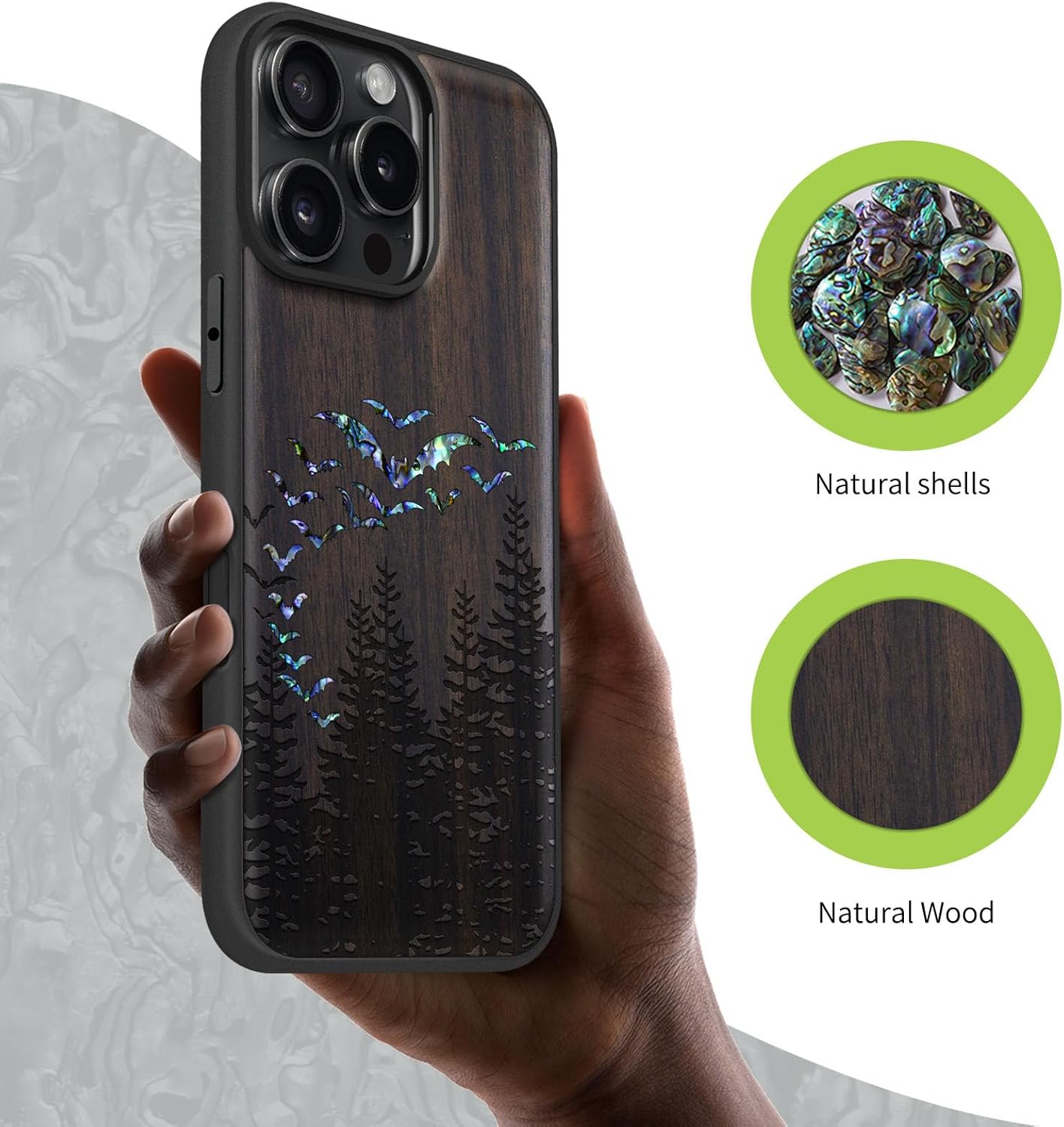 Carveit Magnetic Case for iPhone 16 Pro Max Case, Wood Artisan Engraved & Handmade Shell Inlaid, TPU Shockproof Cover, Compatible with MagSafe Wireless Chargers (Bats Over The Forest-Blackwood)