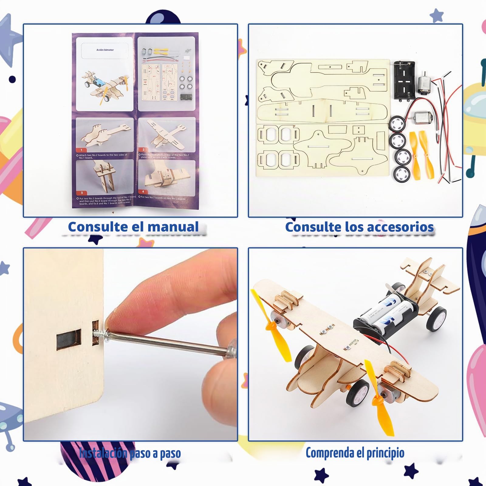 6 piezas de set de experimentos, kit de electrónica, kit de experimentos, kit de electrónica 6-en-1 de madera STEM experimentos ciencia conjunto de madera coches aviones vehículos espaciales regalo