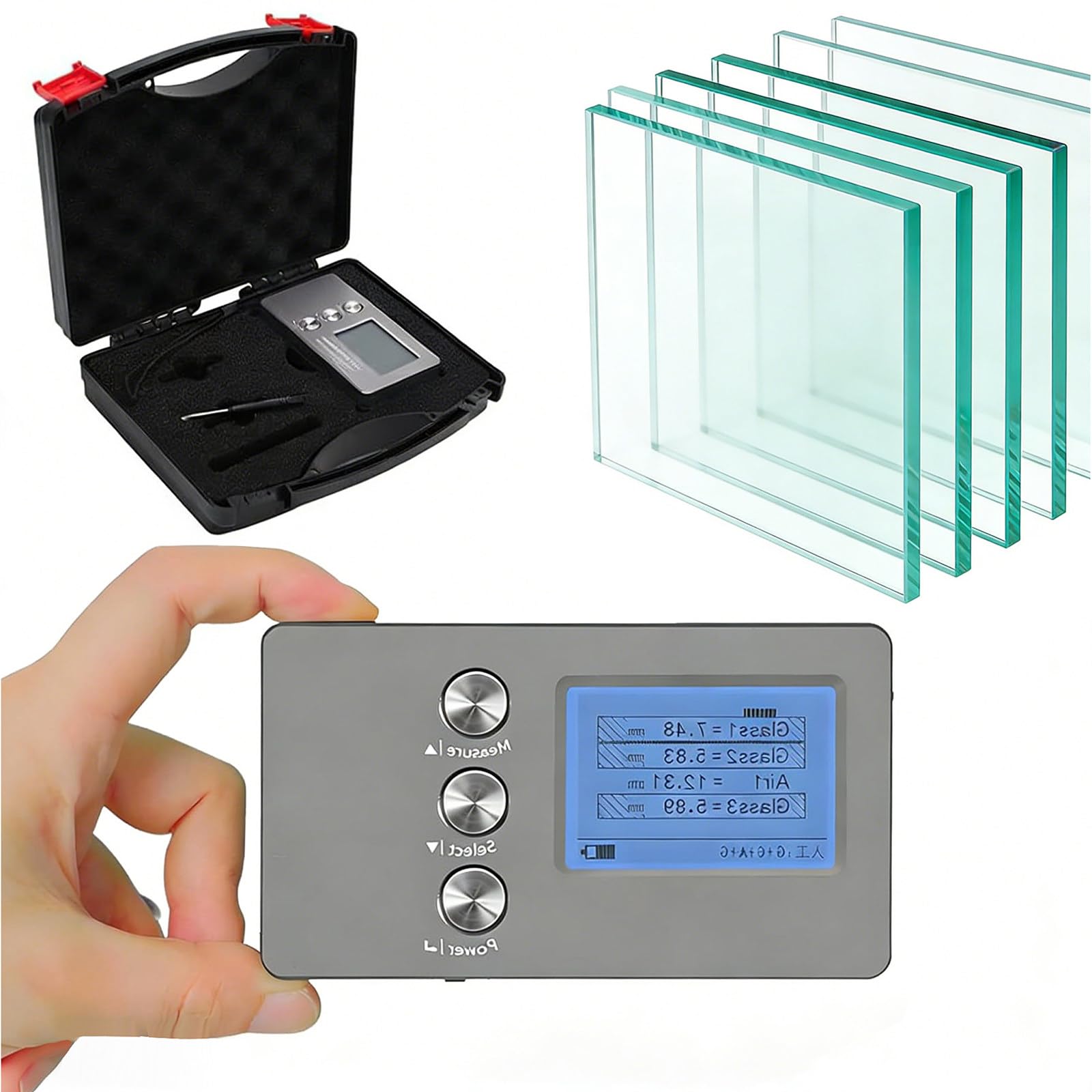 Misuratore Digitale per Doppio/Triplo Vetro, Rileva con Precisione 0,1mm Spessore Cristallo e Distanza d'Aria, Display LCD, Strumento Affidabile per Controlli qualità in Industria Vetraria