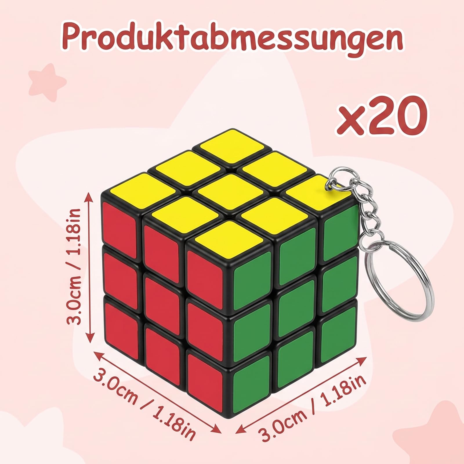 Mini Zauberwürfel Set, 20 Stück 3x3 Rubiks Cube, Stressabbau Konzentrationshilfe, Metall Schlüsselring für Erwachsene, Langlebige ABS Konstruktion