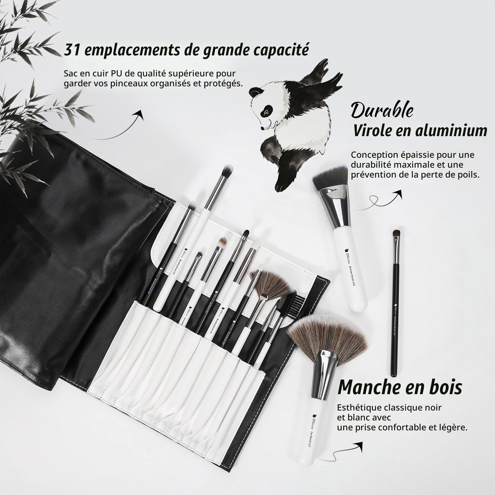 DUcare Pinceaux Maquillages Professionnel Kit de 31pcs Elegante Cuir PU Pochette Synthétiques Premium Pinceaux (Noir Blanc)