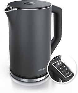 Arendo – Edelstahl Wasserkocher mit Temperatureinstellung 40-100 Grad in 5er Schritten – Doppelwand Design – Modell ELEGANT – 1,5 Liter – 2200 W – Teekocher mit Temperaturanzeige – GS – Cool Grey