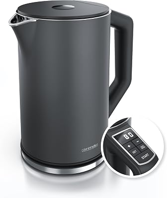 Arendo – Edelstahl Wasserkocher mit Temperatureinstellung 40-100 Grad in 5er Schritten – Doppelwand Design – Modell ELEGANT – 1,5 Liter – 2200 W – Teekocher mit Temperaturanzeige – GS – Cool Grey