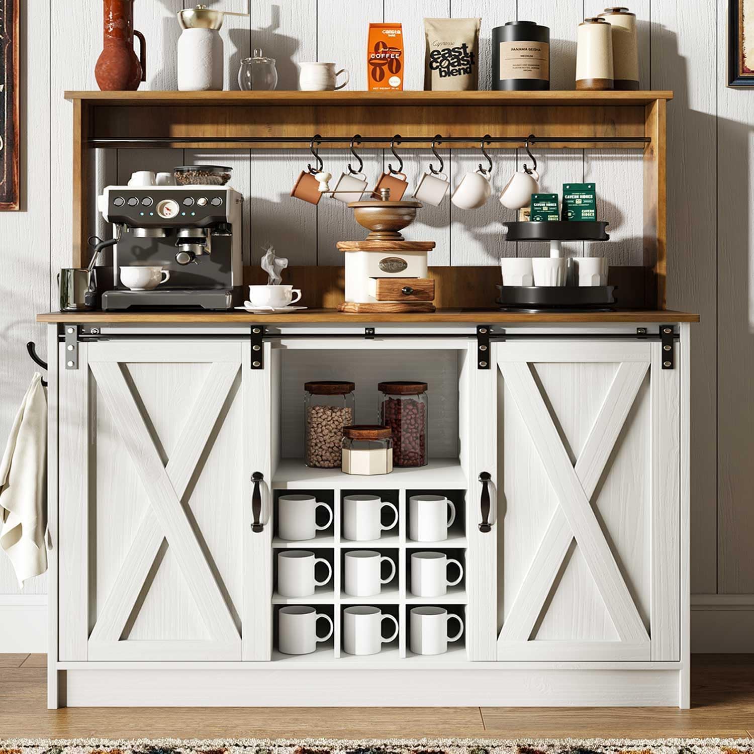 Farmhouse Coffee Bar Cabinet with 6 Hooks, 47’’ Kitchen Buffet Storage Cabinet with Sliding Barn Door, Sideboard Buffet Cabinet Wine Bar Cabinet with Adjustable Shelf for Dining Living Room, White-image-33