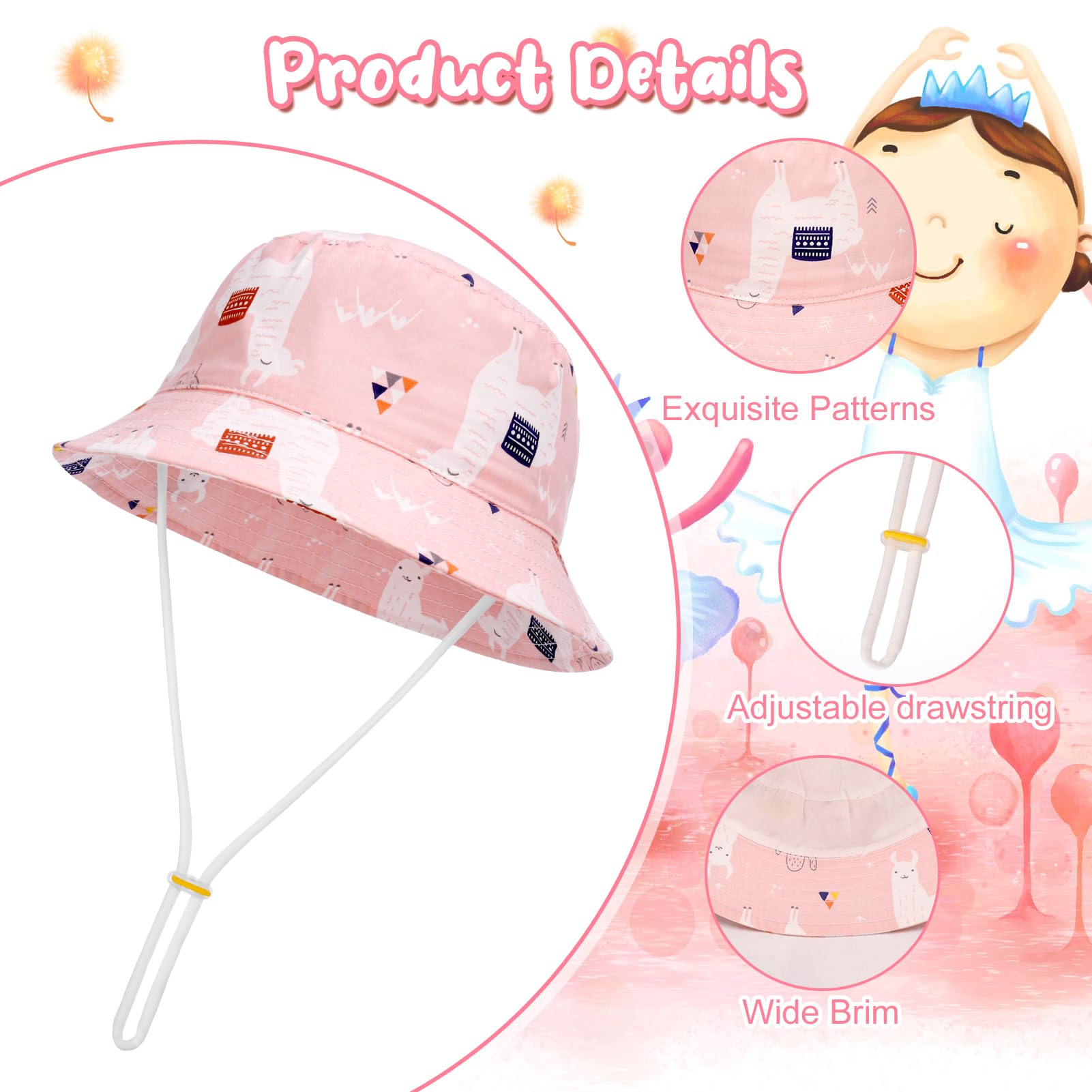 2 Pieces Toddler Sun Hat Kids Bucket Sun Hat Baby Cute Print Summer Hat with Adjustable Head Drawstring and Chin Strap Outdoor Kids Summer Protection Bucket Hats - 4
