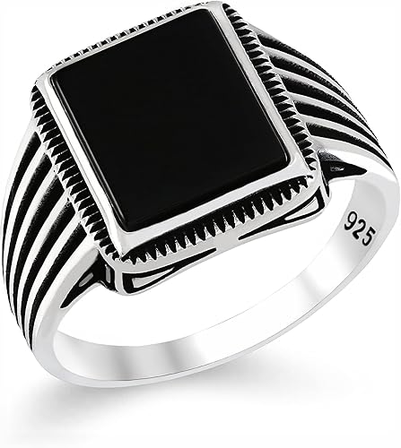 Sterling Silver Rings for Men - Style Mens Sterling Silver Ring with Onyx Stone, Anillos Para Hombre