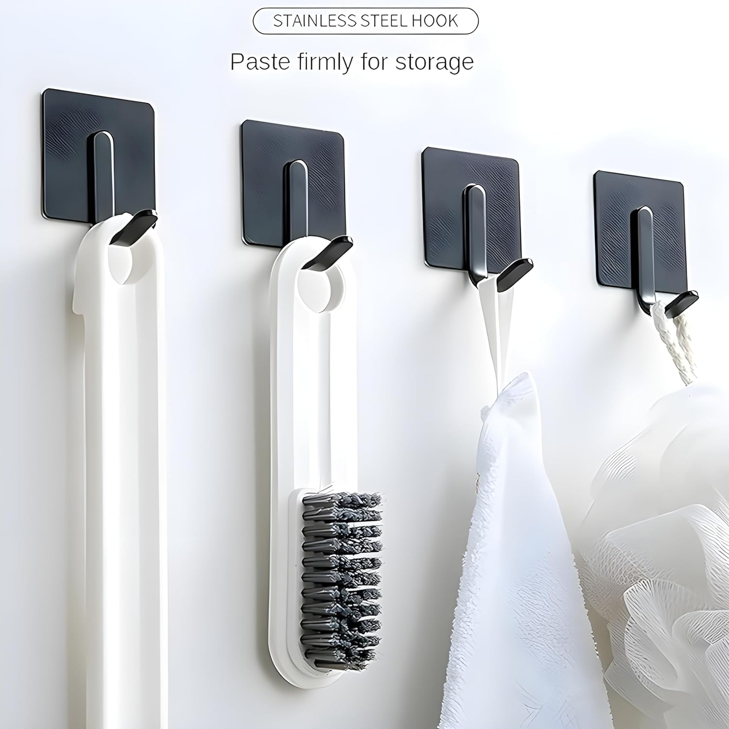 JIALTO 4 pcs Self-Adhesive Stainless Steel Hooks: Heavy-Duty Wall Hangings, Waterproof & Drill-Free - Strong Towel, Coat, and Kitchen Hooks for Bathroom and Kitchen (matt j Hook Black) 1