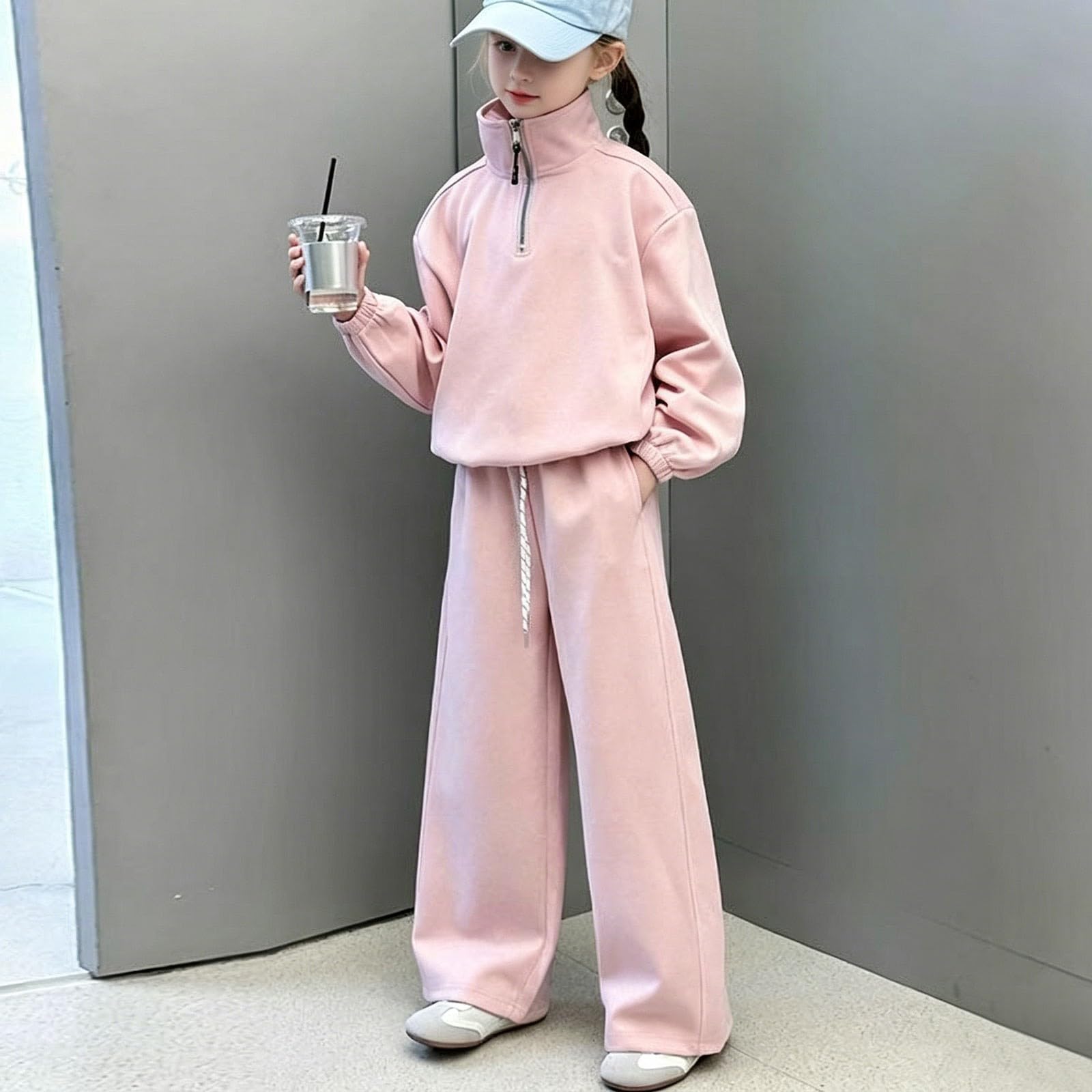 Tuta da ragazza con cappuccio e pantaloni della tuta con mezza zip, rosa, 7-8 anni | Felpa con cappuccio e pantaloni sportivi per bambini, set da 2 pezzi, per la scuola, casual, comodo, con cerniera a un quarto