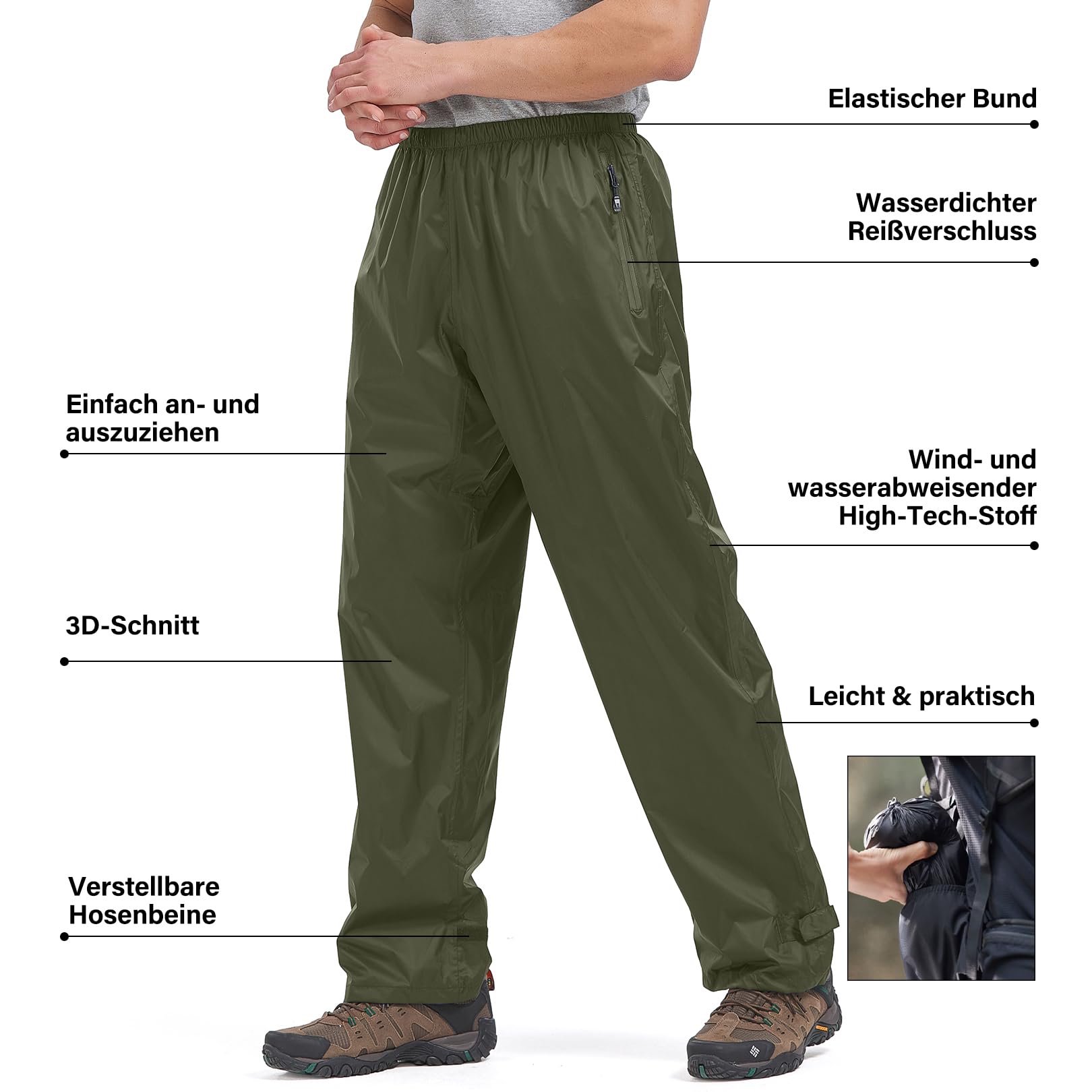 Pantaloni da pioggia da uomo, leggeri e impermeabili, antivento, per escursioni, campeggio, trekking, moto