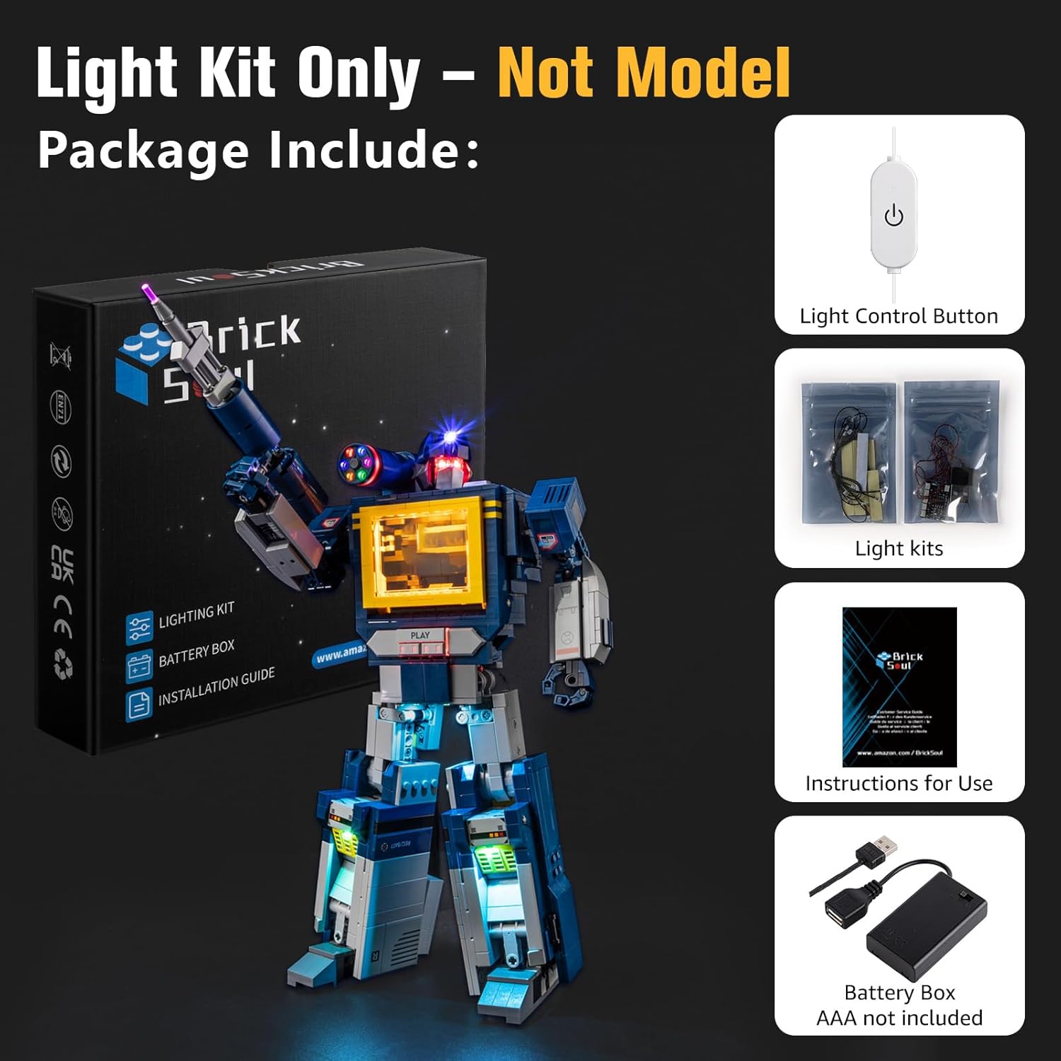Contents of the BrickSoul Light Up Kit package, including light kits, control button, battery box, and instructions
