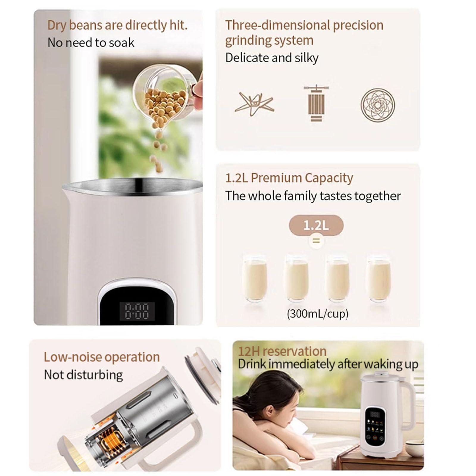 Macchina per Latte di Soia 800W, Macchina per Latte di Soia Elettrica da 1,2Litri con Timer Intelligente 12 Ore e 8 Funzioni, Macchina per Latte Vegetale Completamente Automatica per Mandorle, Avena