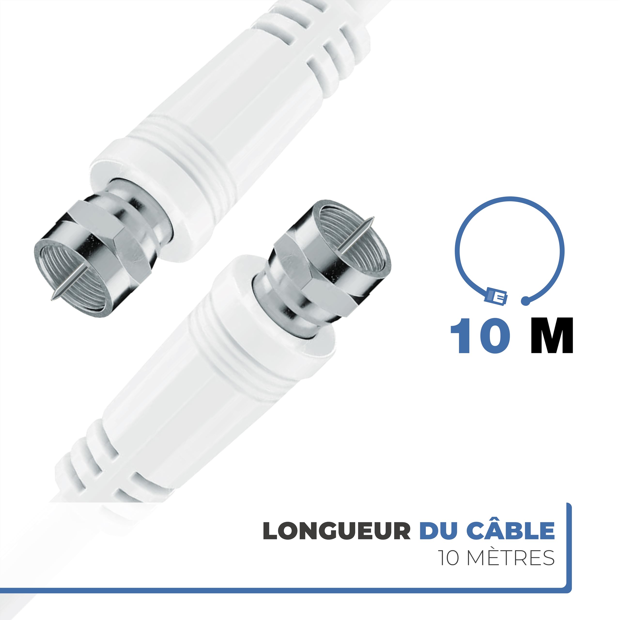 APM Câble Coaxial Satellite Fiche F Mâle, 10M + Adaptateur Fiche F Femelle vers Coaxial 9.52mm Mâle, Compatible TV Parabole Antenne Modem Satellite, 409007