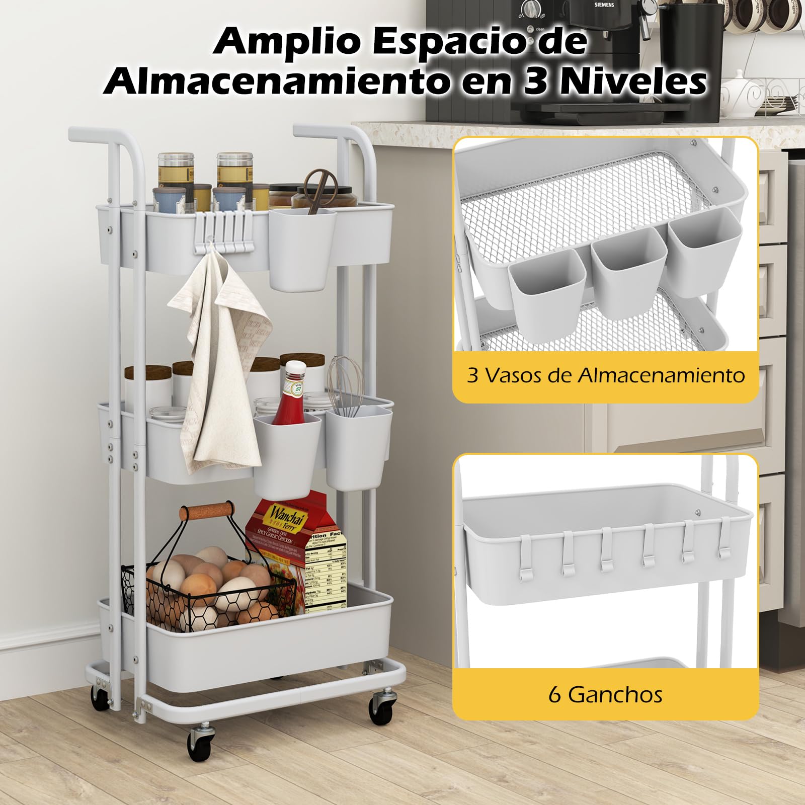 GOPLUS Carrito de Almacenamiento Plegable de 3 Niveles, Carro de Cocina Móvil con 3 Cubos Colgantes, 6 Ganchos, Ruedas Bloqueables, Carro de Servicio para Cocina, Sala de Estar, Comedor
