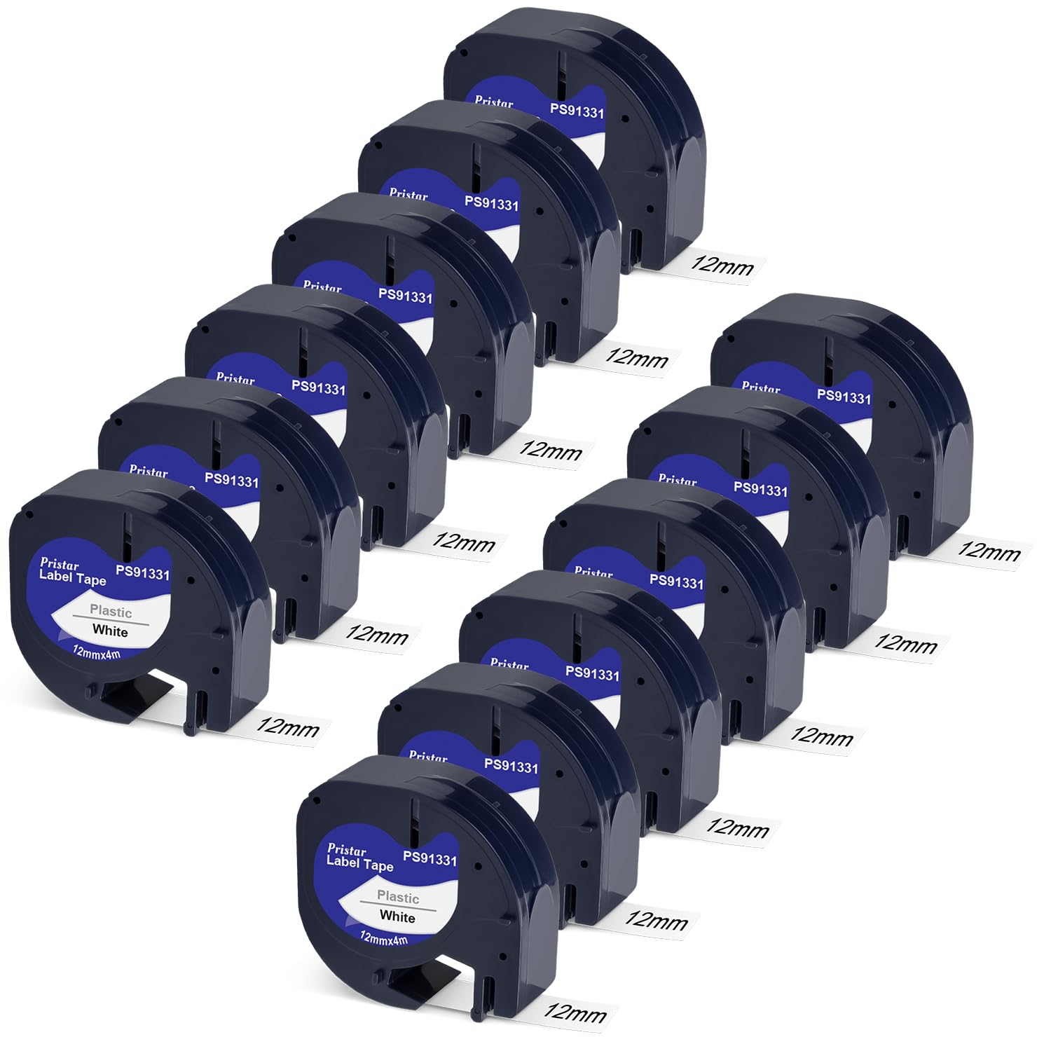 Pristar 12-Pack 91331 Compatible Label Tape Replacement for Dymo LetraTag LT Refills Plastic Label Tape Black on White 12mm x 4m Work for Dymo