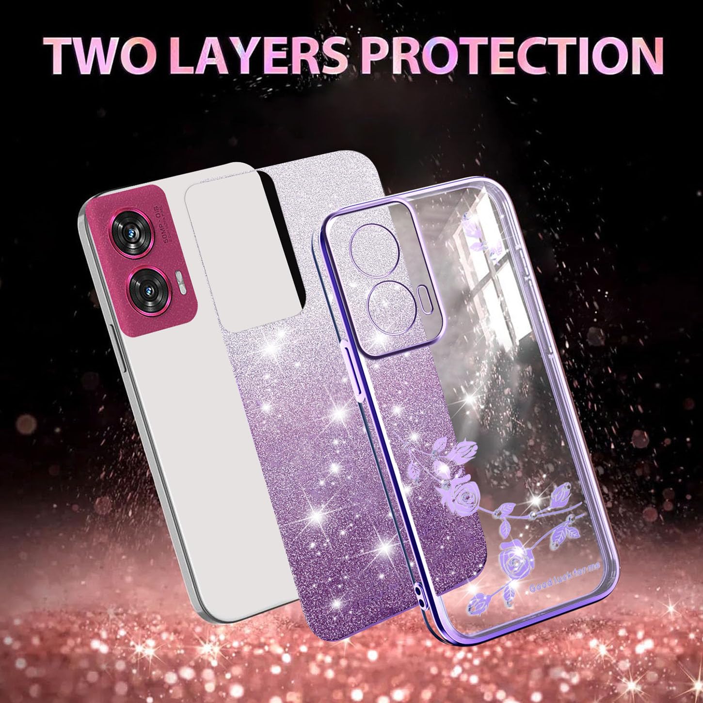 ILING Cover Per Motorola Edge 50 Fusion, Custodia Con Rose E Strass Viola, Silicone Morbido TPU Antiurto, Ultra Sottile