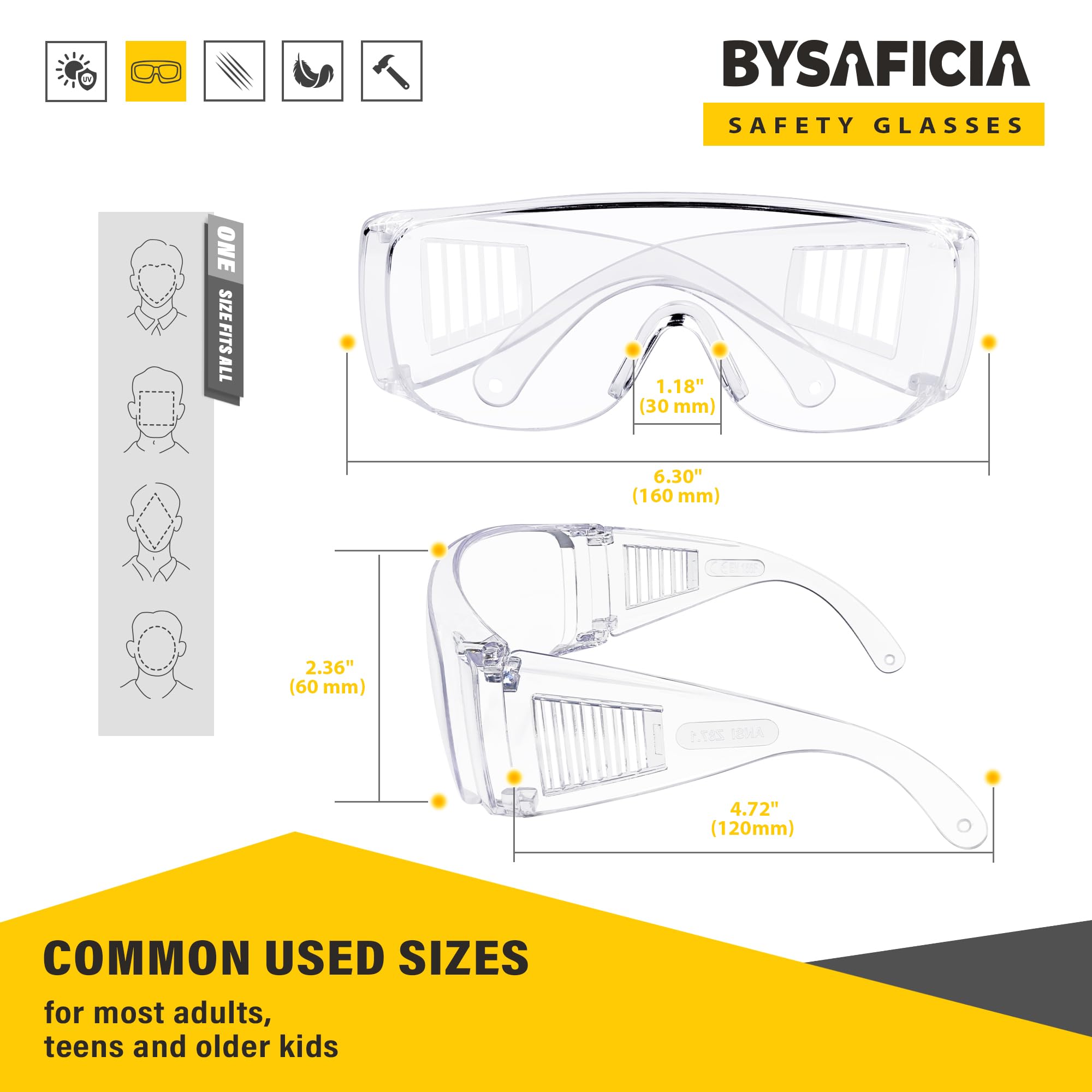 Paquete de 6 lentes de seguridad transparentes sobre lentes, lente de policarbonato resistente a los impactos ANSI Z87.1, gafas de seguridad sobre gafas, gafas protectoras para laboratorio