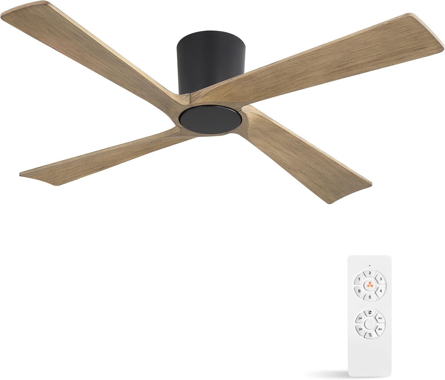 WINGBO 48 Inch Flush Mount DC Ceiling Fan Without Lights, 4 Carved Wood Blades, 6-Speed Reversible DC Motor, Low Profile Ceiling Fan No Lights for Indoor and Outdoor, Black and Gray, ETL Listed