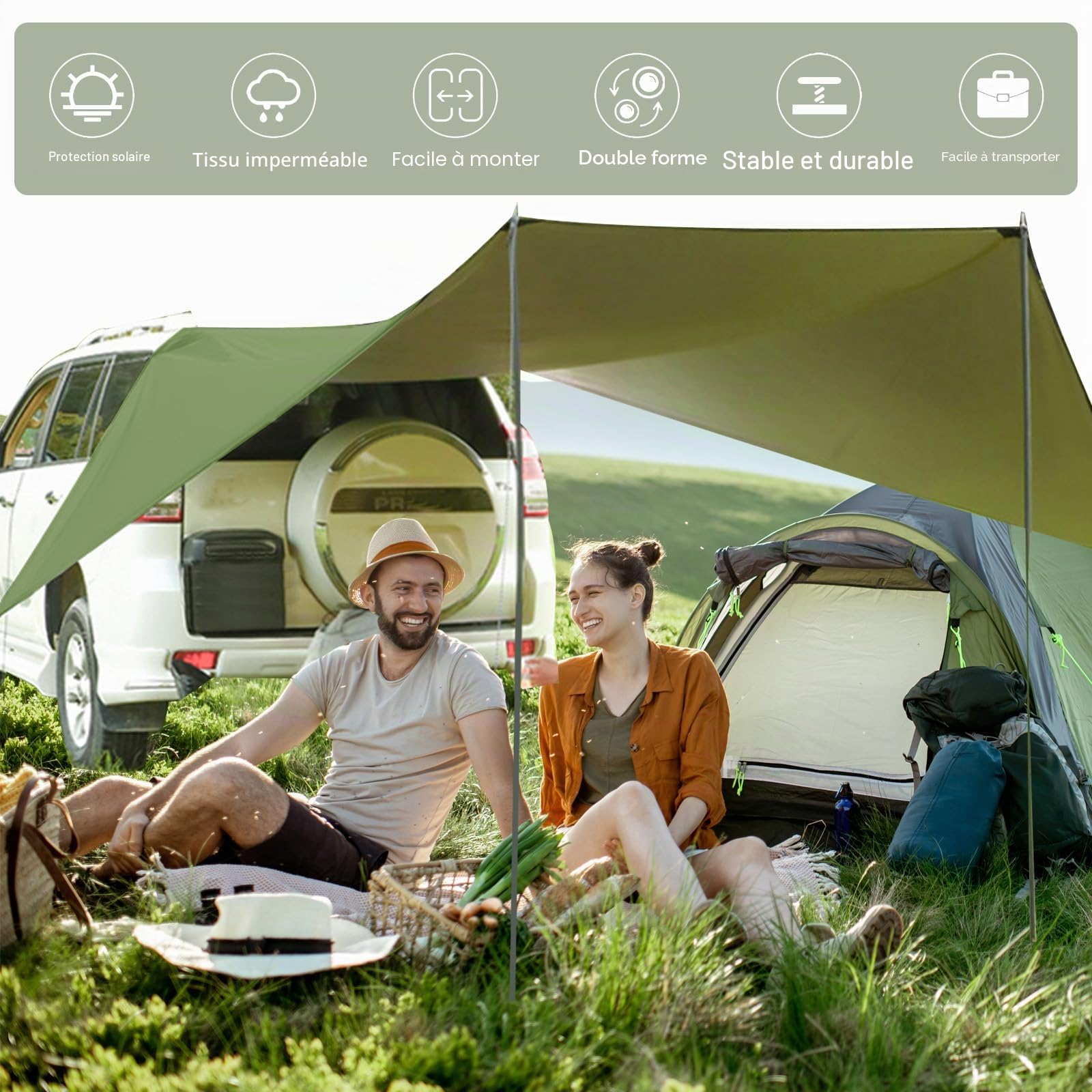 Auvent et voiture Tente de hayon universelle 280 * 380 cm, auvent de caravane et camping-car, pare-soleil pour voiture, van, camion (Vert)