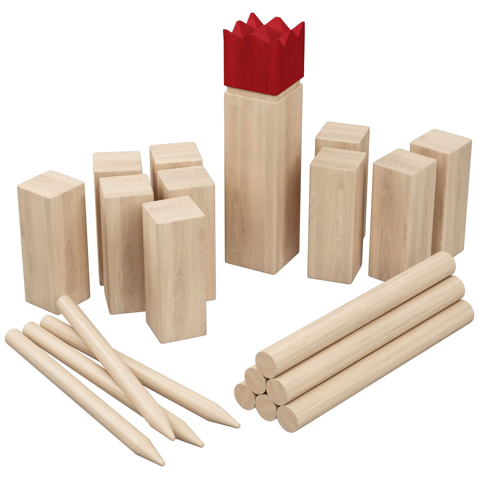WELLGRO Kubb - Gioco XL per 2 – 12 giocatori, in legno massiccio, Re rosso, con istruzioni per il gioco, borsa