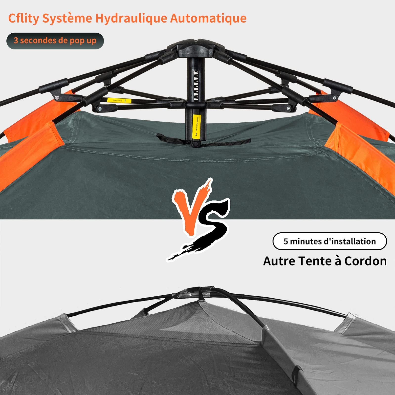 Cflity Tente de Camping, 3 Personnes Pop-up Légère Dôme Camping Tente, 4 Saison Imperméable 3 Couche Automatique Tente, Tente Sac à Dos avec 2 Porche Extensible pour Le Camping Randonnée