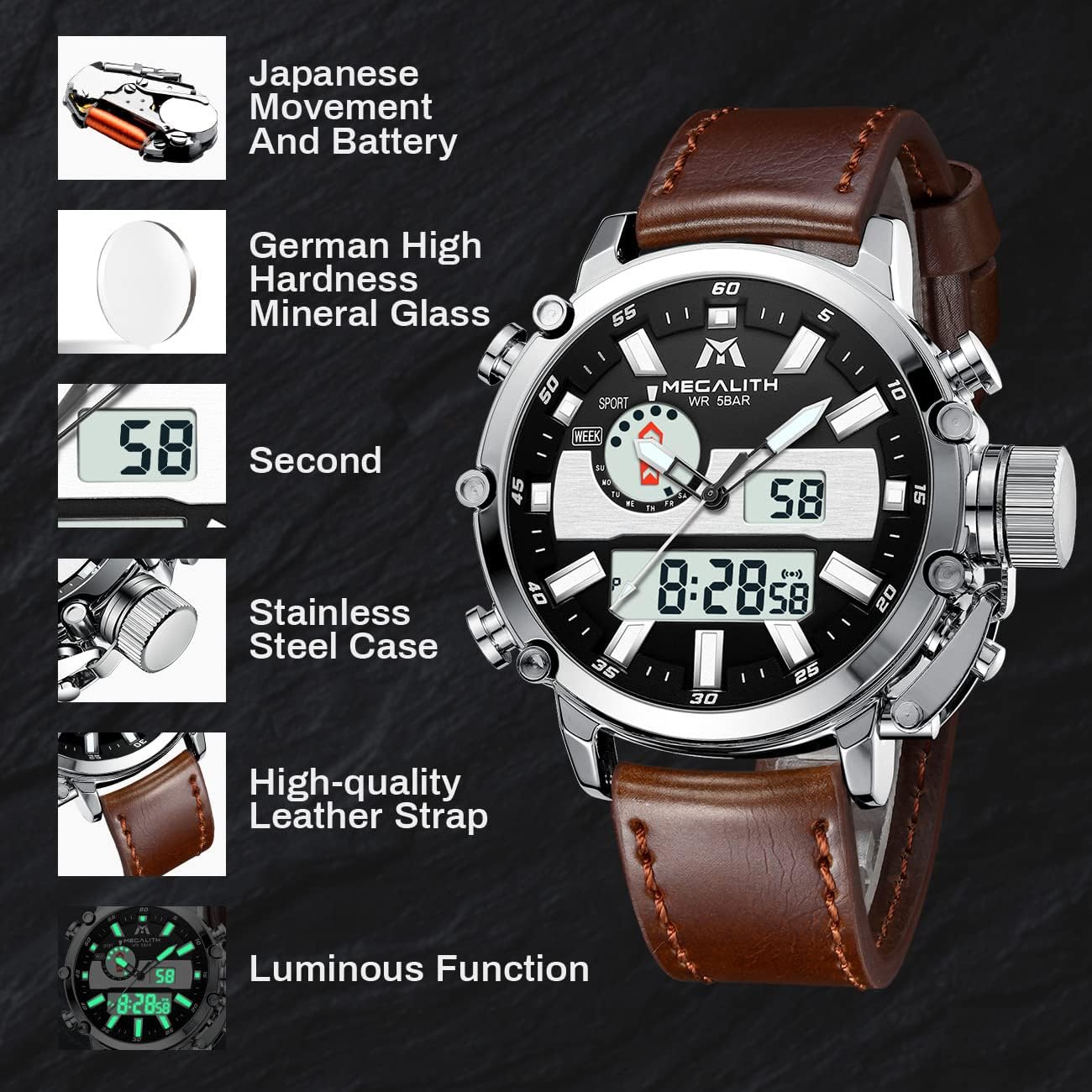Miniatura 9 de MEGALITH Relojes digitales militares para hombre, reloj deportivo al aire libre, táctico, de 1.772in, cara grande, 5 ATM, resistente al agua, con