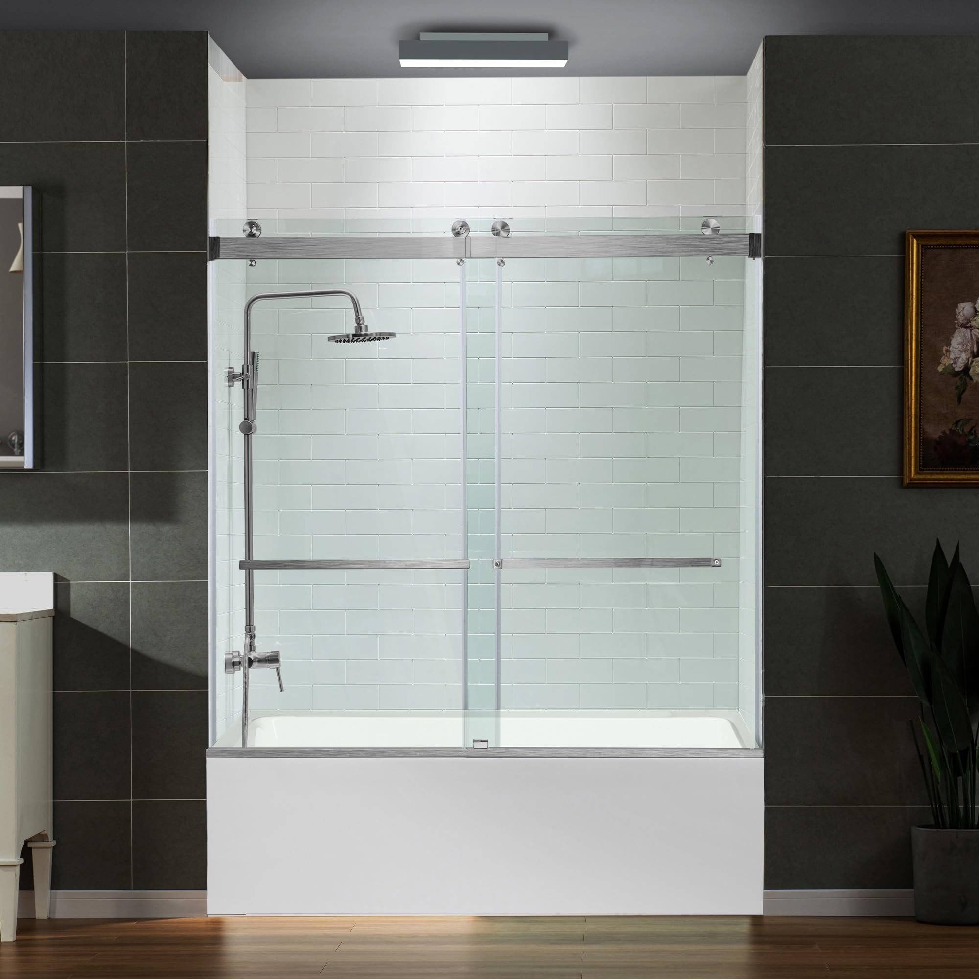 WOODBRIDGE Frameless Bathtub Shower Doors 56-60" Width x 66" Height with 5/16"(8mm) Clear Tempered Glass, 2 Ways Opening &amp; Double Sliding in Polished Chrome Finish