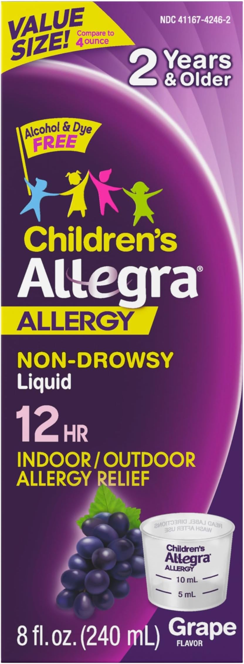 Children's 12-Hour Allergy Relief Liquid, Non-Drowsy Indoor and Outdoor Allergy Medicine, 30 mg Fexofenadine HCI Antihistamine for Kids, Grape Flavor, 8 oz